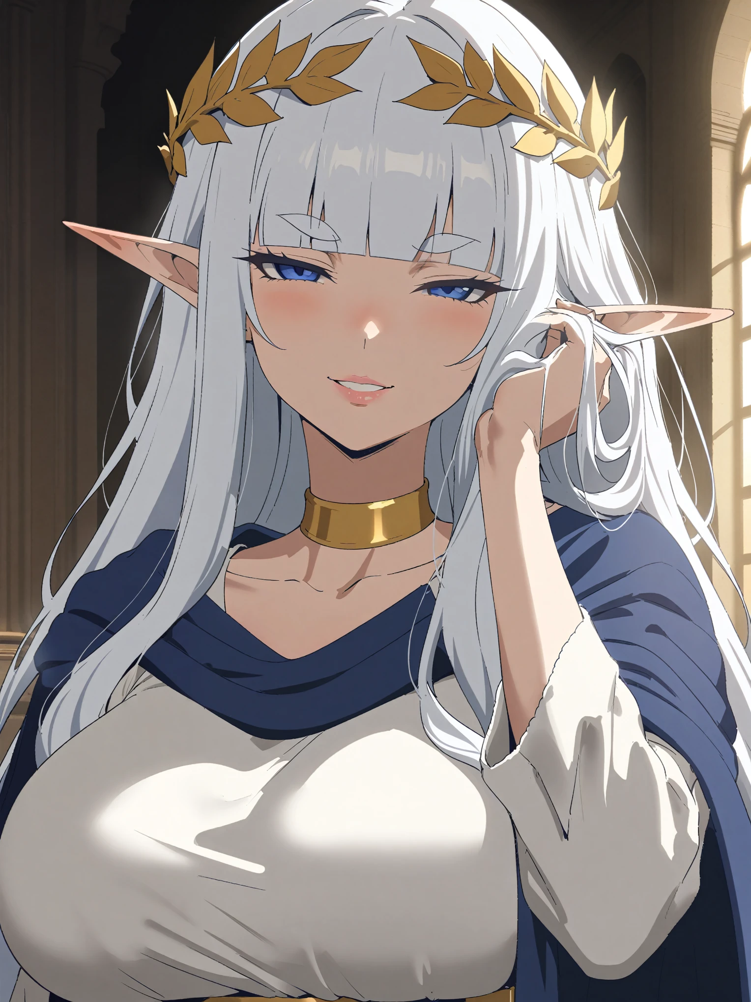 {{portrait, straight-on}} {{Artist: Sincos}} 1girl, solo, mature female, elf, pointy ears, silver hair, long hair, blunt bangs, straight hair, blue eyes, long eyelashes, thick eyebrows, lips, huge breasts, seductive smile, teeth, half-closed eyes, white gown, frilled dress, gold belt, gold laurel wreath, gold choker, blue cape, looking at viewer, standing, hand in own hair, simple background, indoors, palace, white, medieval fantasy.
