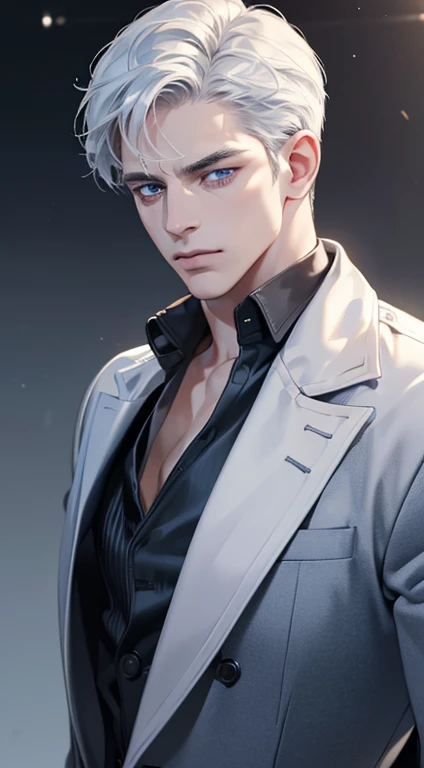 (best quality, masterpiece, 8K, photorealistic, cinematic lighting, 1:4 hdr image, ultra detailed, beautiful image), a mature man, 34 years very handsome, ((cold expression)), short white hair, blue eyes, face perfect without mistakes, ((buttoning his jacket, CEO))
