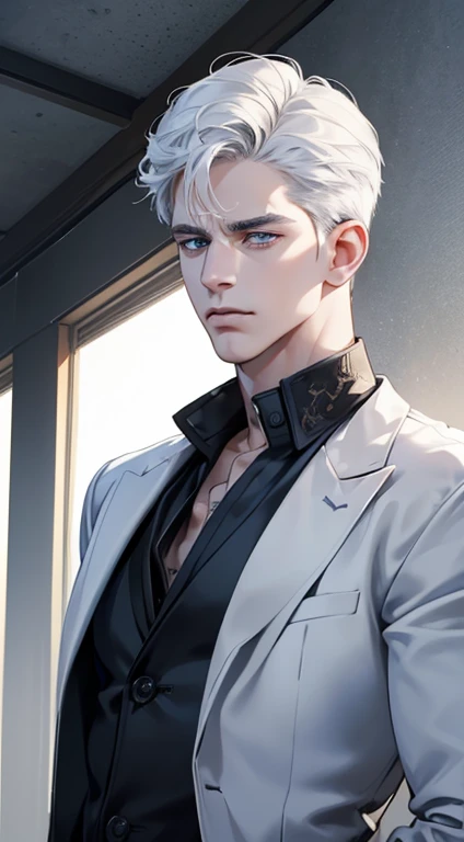 (best quality, masterpiece, 8K, photorealistic, cinematic lighting, 1:4 hdr image, ultra detailed, beautiful image), a mature man, 34 years very handsome, ((cold expression)), short white hair, blue eyes, face perfect without mistakes, ((buttoning his jacket, CEO))