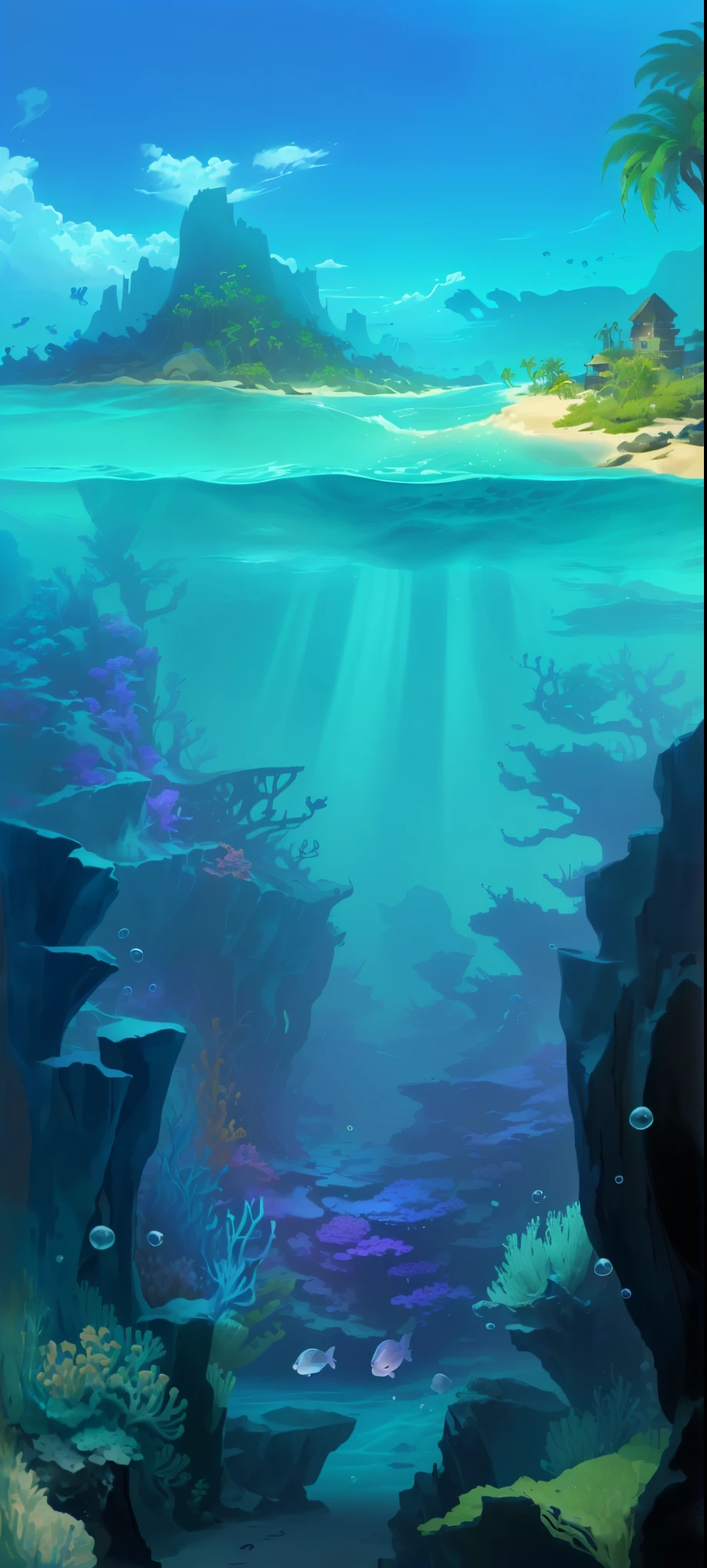 Cartoon scene of a tropical island with beach and palm trees, seabed environment, background technology, background technologywork, Underwater environment, Atlantis Background, deep sea landscape, an underwater alien ocean, Underwater background, masterpieceUnderwater scene, seabed, Underwater landscape, Underwater scene, stylized concept art, Sci-fi Landscape, Fantasy seascape, Underwater scenery