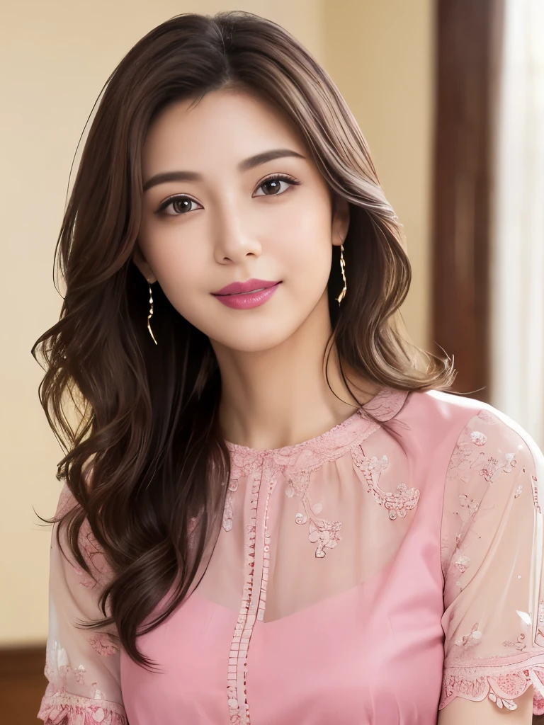 (Raw photo), (Photo realistic), (masterpiece), (highest quality), High resolution, 8K resolution, (Intricate details), (Volumetric Light), Portraiture, woman, 30 years, Medium Wavy Hair, Layered Hair, Brown haired, Highly detailed eyes, Source Order, Very fine eyebrows, Highly detailed skin, Highly detailed mouth, Highly detailed nose, Cute like an idol, Smile, ((Pink lipstick)), ((Look at the viewers)), (An elegant and transparent crimson short-sleeved blouse), ((Bodies facing random directions)),