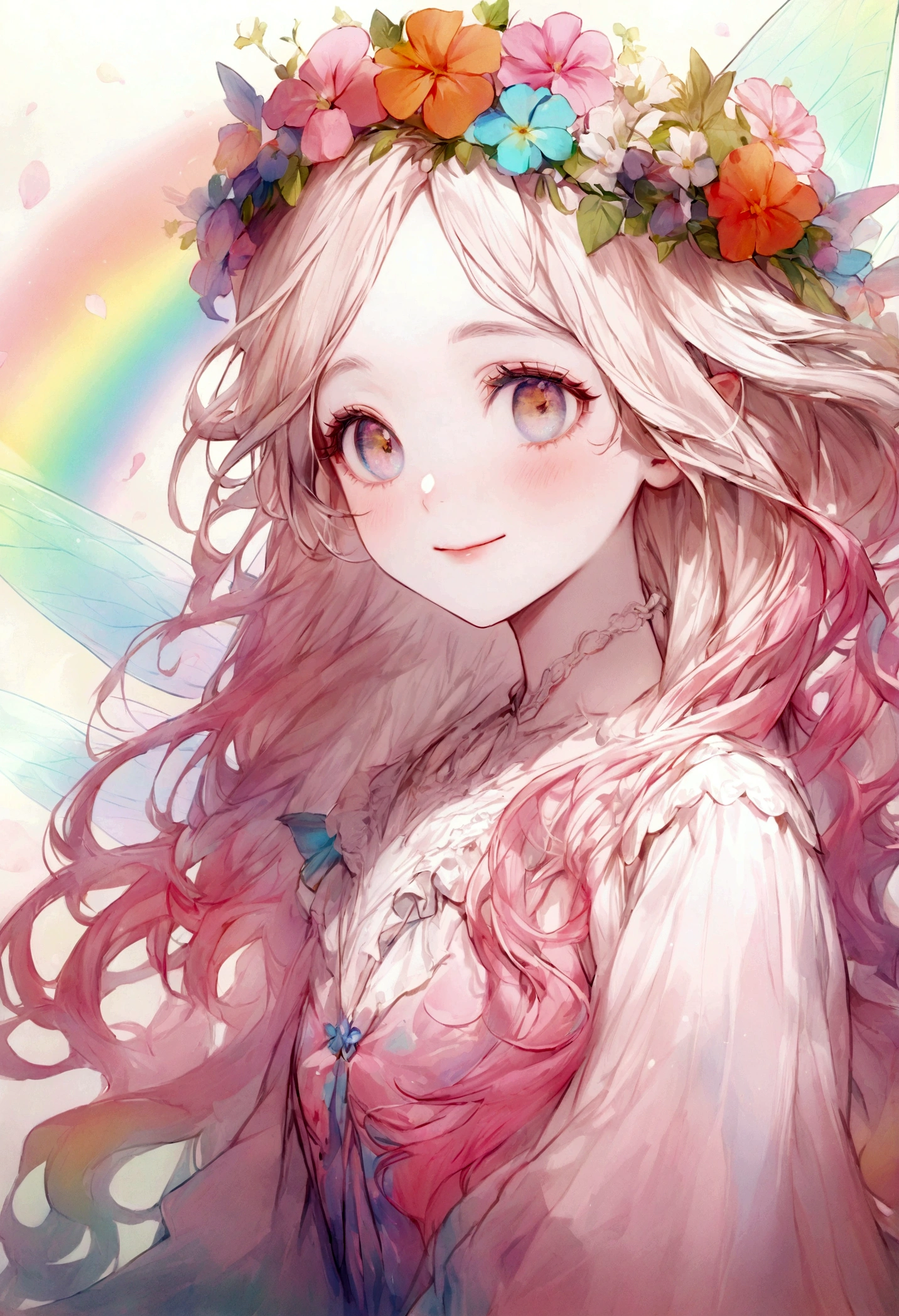 Top quality masterpiece, Highest quality and official artistic standards, Featuring beautiful and visually stunning fairy girls:1.3. This piece is very ingenious, rich in color, Exquisitely crafted down to the last detail, Vibrant, Vibrant, A unique visual experience. Optical blending technology brings playful patterns,Add depth to your artwork。, Enhances overall texture and color richness,Close-up portrait, Beautiful fairy, Cute Smile, alone,One Fairy, Surrounded by flowers,Smiling Fairy,Droopy eyes,Transparent winged fairy,Fairy Wings,Fairy Wings,Elegance, Flower Hair Ornaments,Flower wreath,Pink color matching,Young妖精,Energetic Fairy,Smiling Fairy,にっこりとSmiling Fairy,Half Shot,Western-style blouse,Bob Hair,Beauty,1 Fairy,Delicate and high resolution,Precise,明るい青null,Bright Forest,Flare,慈like,mercy,like,happiness,Divine,Fluffy clothes,Lustrous skin,Clear skin,White skin,Thin eyebrows,Albino-like light hair color,rainbow,Silky Hair,Shiny and delicate hair,A realistic fairy,Young,young,pastel colour,null,Top view,Wide-open eyes,Cheerful girl,Long sleeve blouse,Lolita,Kind Face,White blouse,Drooping eyes,Bright pink clothes,Wavy hair blowing in the wind,ショートBob Hair,pastel colourの髪,A background full of dreams and hopes,noon,Light of the sun,rainbow,rainbow色の髪,Praying Fairy,praying,Flower Fairy,Flower Garden,Flower Field,Round eyes,I'm excited,Magical Fairy,White haze,