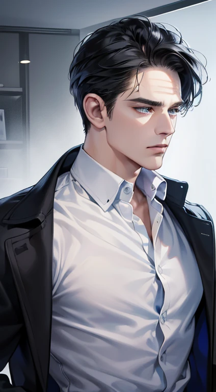 (best quality, masterpiece, 8K, photorealistic, cinematic lighting, 1:4 hdr image, ultra detailed, beautiful image), a mature man, 34 years very handsome, ((cold expression)), short black hair, blue eyes, face perfect without mistakes, ((buttoning his jacket, CEO))