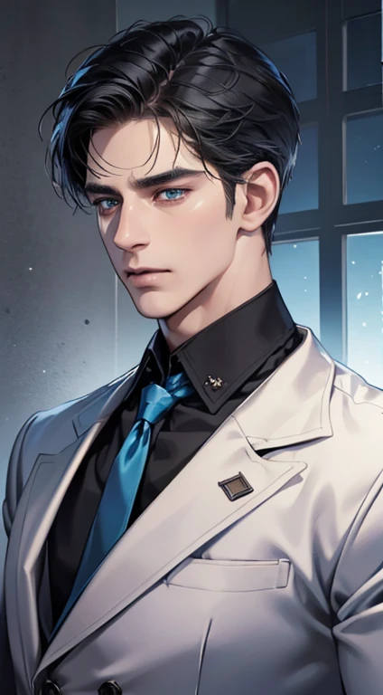 (best quality, masterpiece, 8K, photorealistic, cinematic lighting, 1:4 hdr image, ultra detailed, beautiful image), a mature man, 34 years very handsome, ((cold expression)), short black hair, blue eyes, face perfect without mistakes, ((buttoning his jacket, CEO))