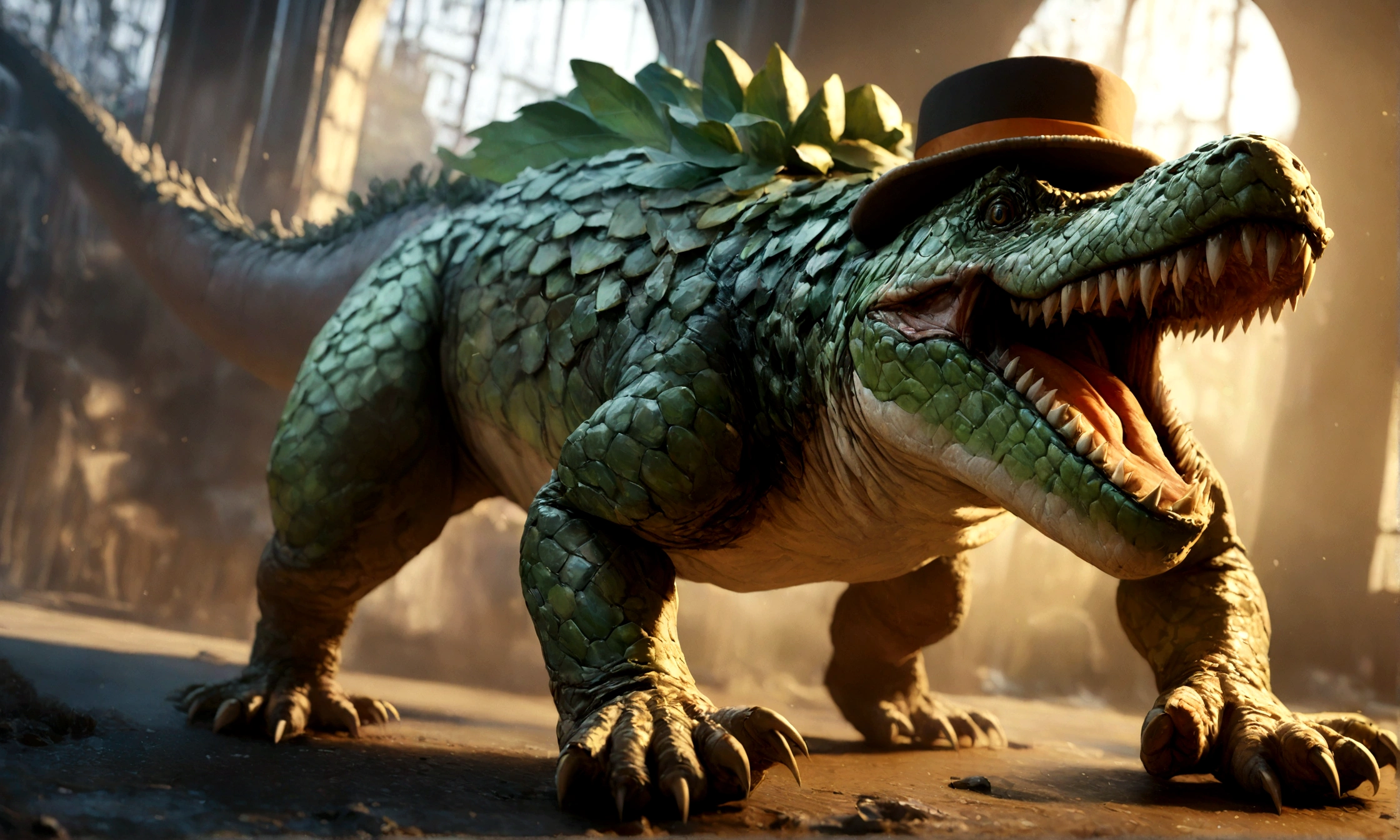 a stubby t-rex wearing a tophat, green scales with an orange belly, highly detailed, photorealistic, 8k, cinematic lighting, intricate details, vibrant colors, dynamic pose, realistic textures, masterpiece