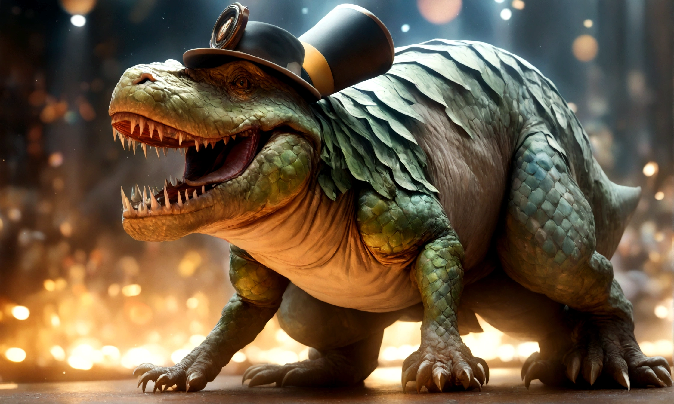 a stubby t-rex wearing a tophat, green scales with an orange belly, highly detailed, photorealistic, 8k, cinematic lighting, intricate details, vibrant colors, dynamic pose, realistic textures, masterpiece