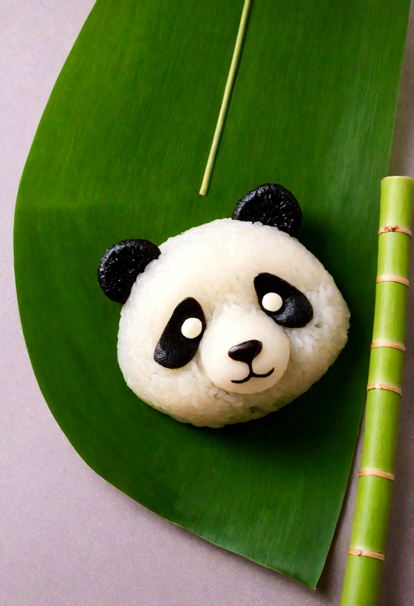 A panda-shaped rice dumpling，Made of glutinous rice，Clearly separated，The lower body is wrapped in zong leaves，Cute expression，Head sticking out of the bamboo leaves，Equally spaced，Cartoon Style，Macro lens，Studio light，Bold color scheme