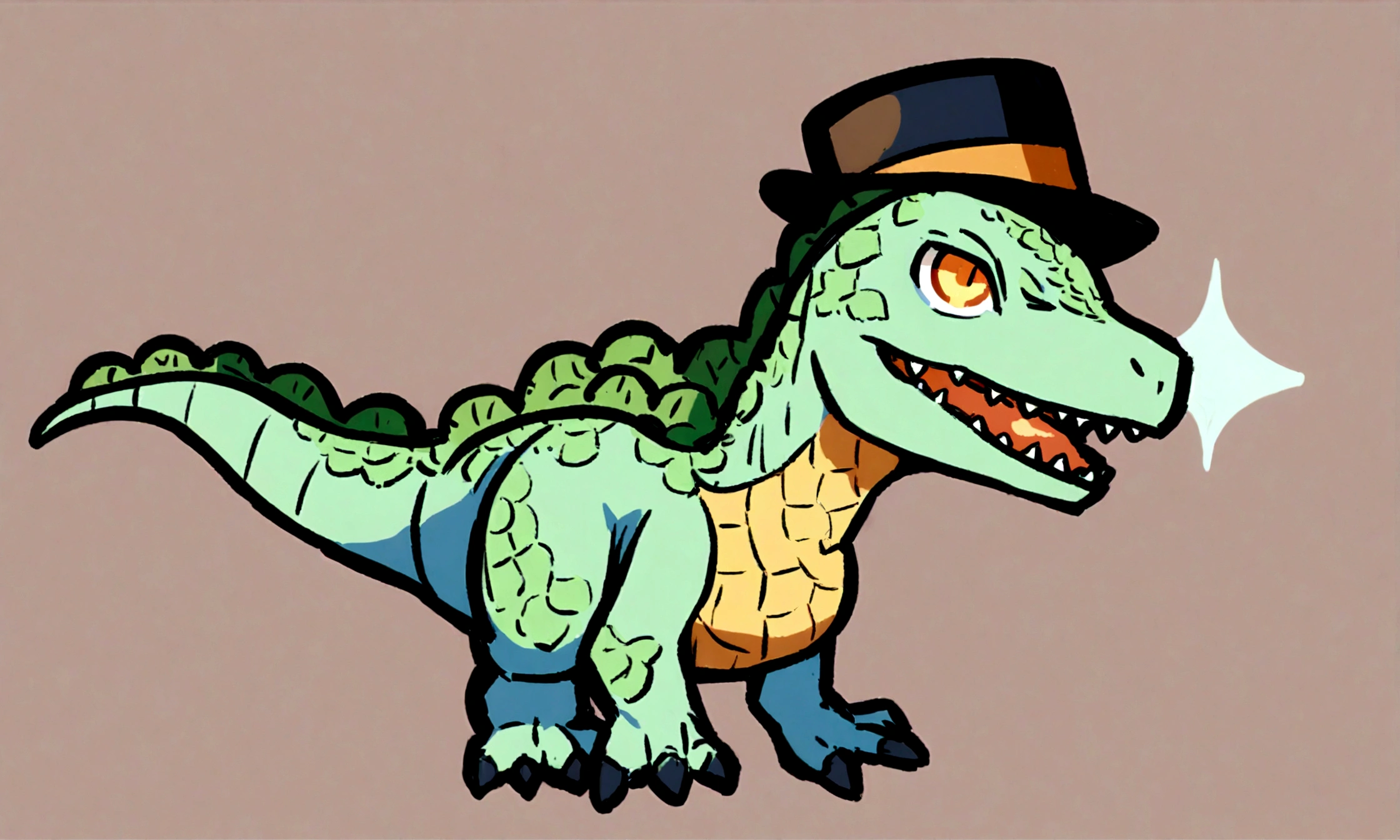 a chibi t-rex wearing a tophat, green scales with an orange belly