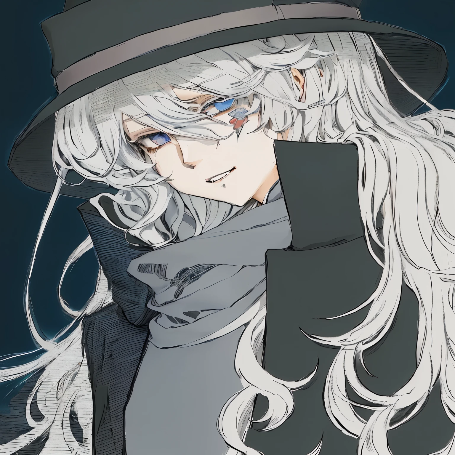 anime, a woman with long white hair wearing a hat and a scarf, nagito komaeda, yoko taro, portrait gapmoe yandere grimdark, he has dark grey hairs, ( ( wearing a long coat ) ), inspired by Okumura Togyu, discord pfp, wataru kajika, tall anime guy with blue eyes