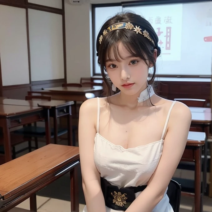 身穿连衣裙of阿拉夫妇女, cheongsam,,Chinese Girl, 穿着优雅of连衣裙,, Chinese Clothing,3 people,classroom,Attend class,Exposing underwear,black,Headband,性感of,of
