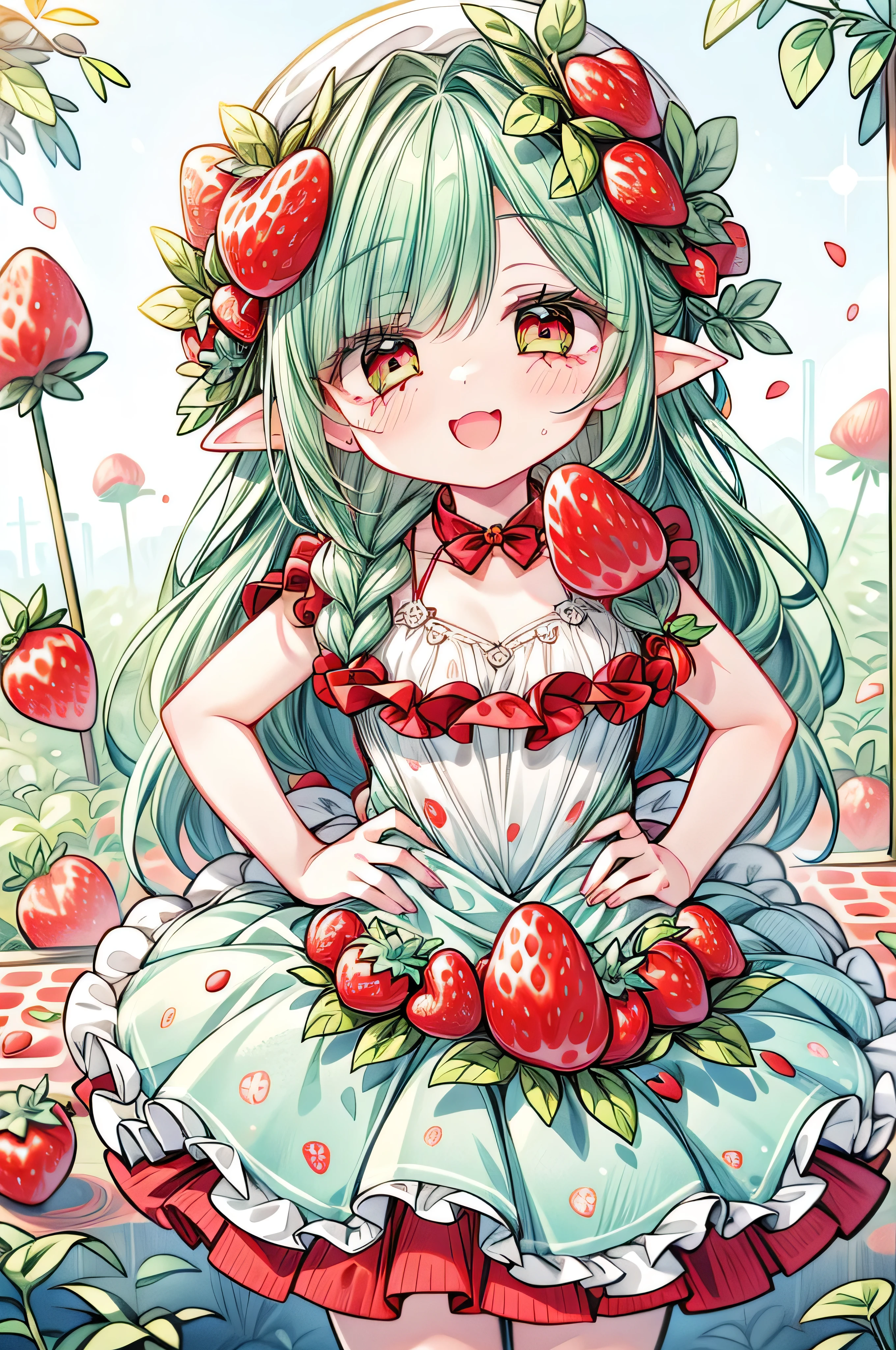 1girl, wearing a (rose print) dress, in a ((strawberry field)), happy and smiling, mythical world with giant fruit  🍓, foamy teal light muted color palette🎨, hands in hips, energetic, fashion dress, fruits, long hair in braids, foam green hair