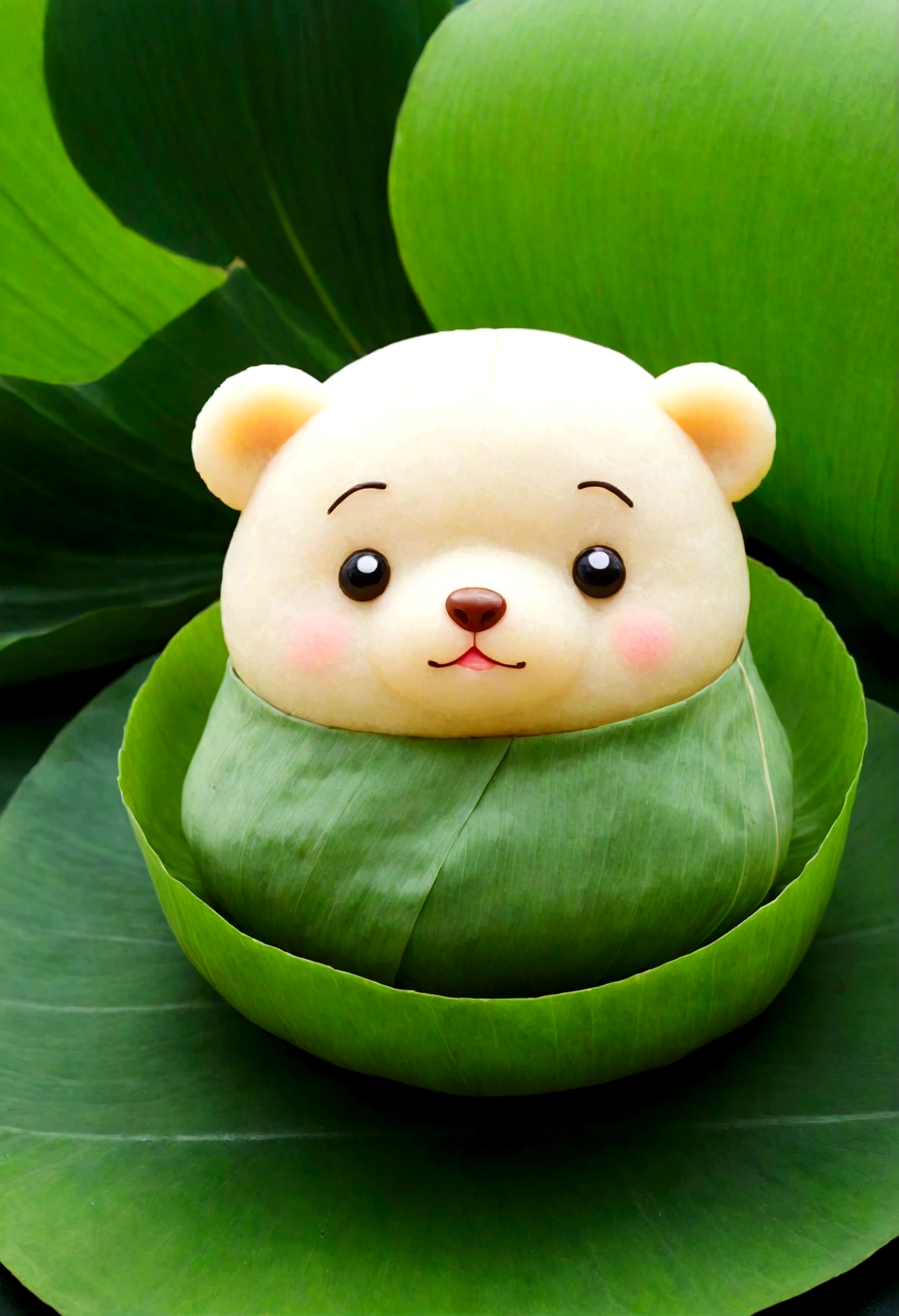 A bear-shaped glutinous rice dumpling，The whole body is made of glutinous rice，Cute expression，The lower body is wrapped in lotus leaves，Head sticking out of the lotus leaf，Equally spaced，Cartoon Style，Macro lens，Studio light，Bold color scheme，Background of leaves outdoors