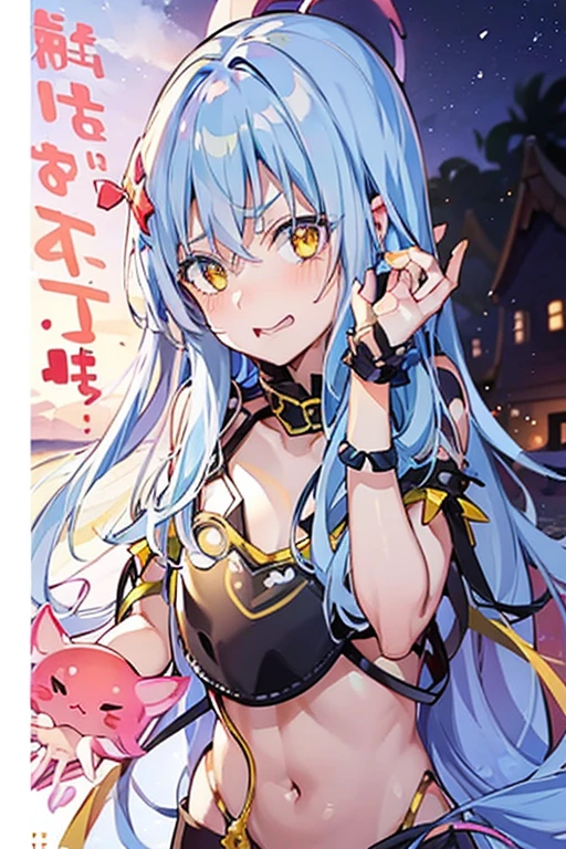 1girl, a close up of a woman in a yellow bikini, tensei shitara slime datta ken, light novel cover art, gapmoe tsundere, gapmoe tsundere grimdark, embarrassed, reincarnated as a slime, rimuru tempest, small oppai, long silver-blue hair, deep goldrn eyes