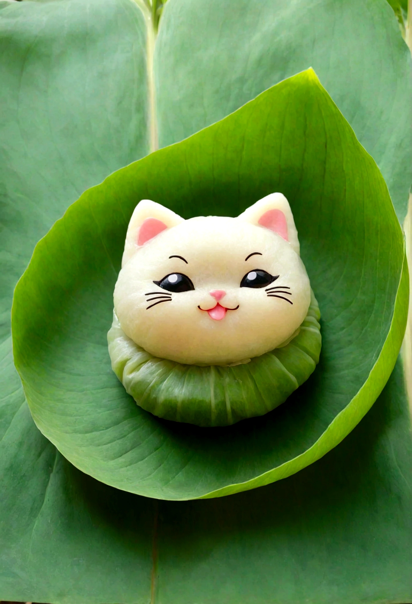 A kitten-shaped glutinous rice dumpling，The whole body is made of glutinous rice，Cute expression，The lower body is wrapped in lotus leaves，Head sticking out of the lotus leaf，Equally spaced，Cartoon Style，Macro lens，Studio light，Bold color scheme，Background of leaves outdoors