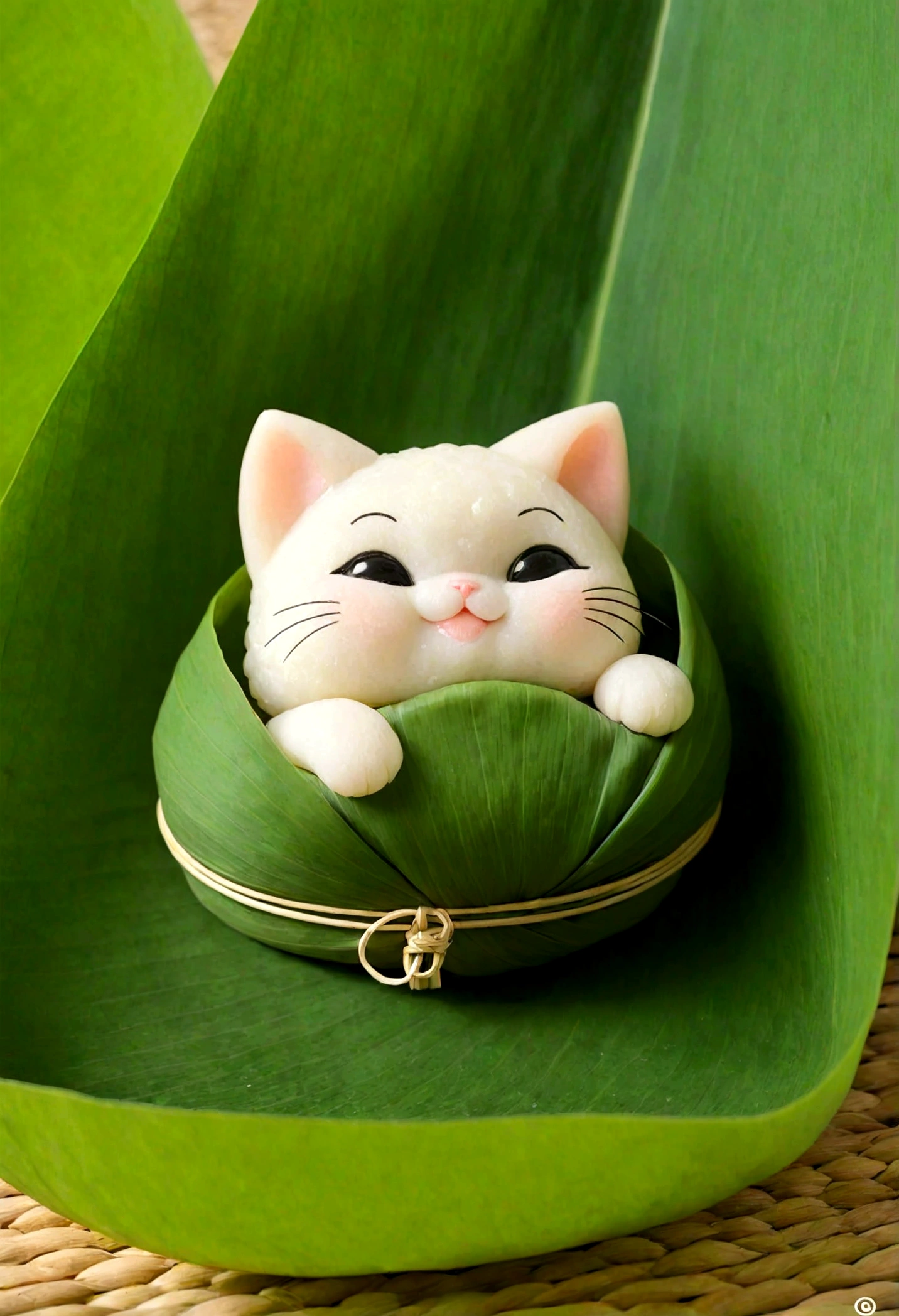 A kitten-shaped glutinous rice dumpling，The whole body is made of glutinous rice，Cute expression，The lower body is wrapped in lotus leaves，Head sticking out of the lotus leaf，Equally spaced，Cartoon Style，Macro lens，Studio light，Bold color scheme，Background of leaves outdoors