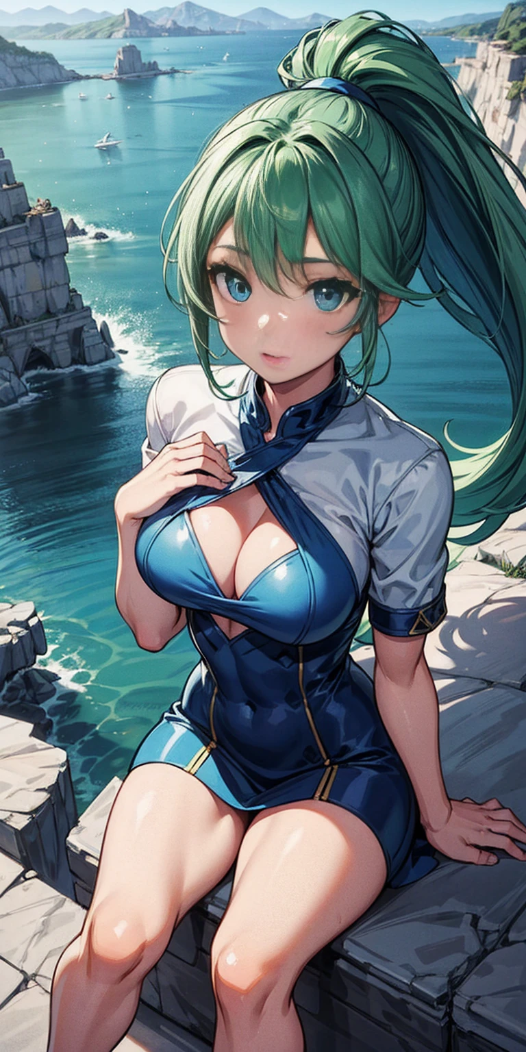1girl, green hair, blue eyes, ponytail, detailed face, breasts, masterpiece, high quality, overlooking the ocean on the edge of a rock, in the style of avian-themed, realistic yet stylized, village core, azure, orange and azure, dragon core, aerial view