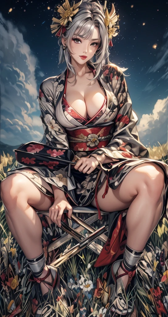 masterpiece, 1girl, solo, orange hair, sarashi, bandage, sarashi, neckline, bare shoulders, kimono, (all four: 1.2), blush, open mouth, cherry blossoms, grass