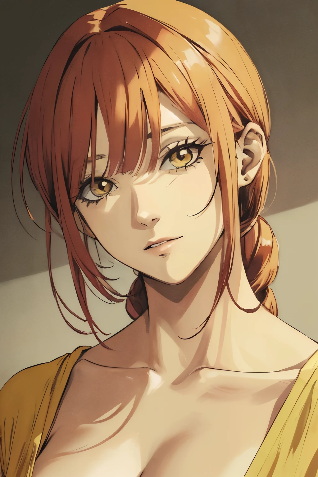 ((best quality)), ((masterpiece)), (detailed), perfect face. Asian girl. Orange hair. Topless. Medium breast. Armpit.