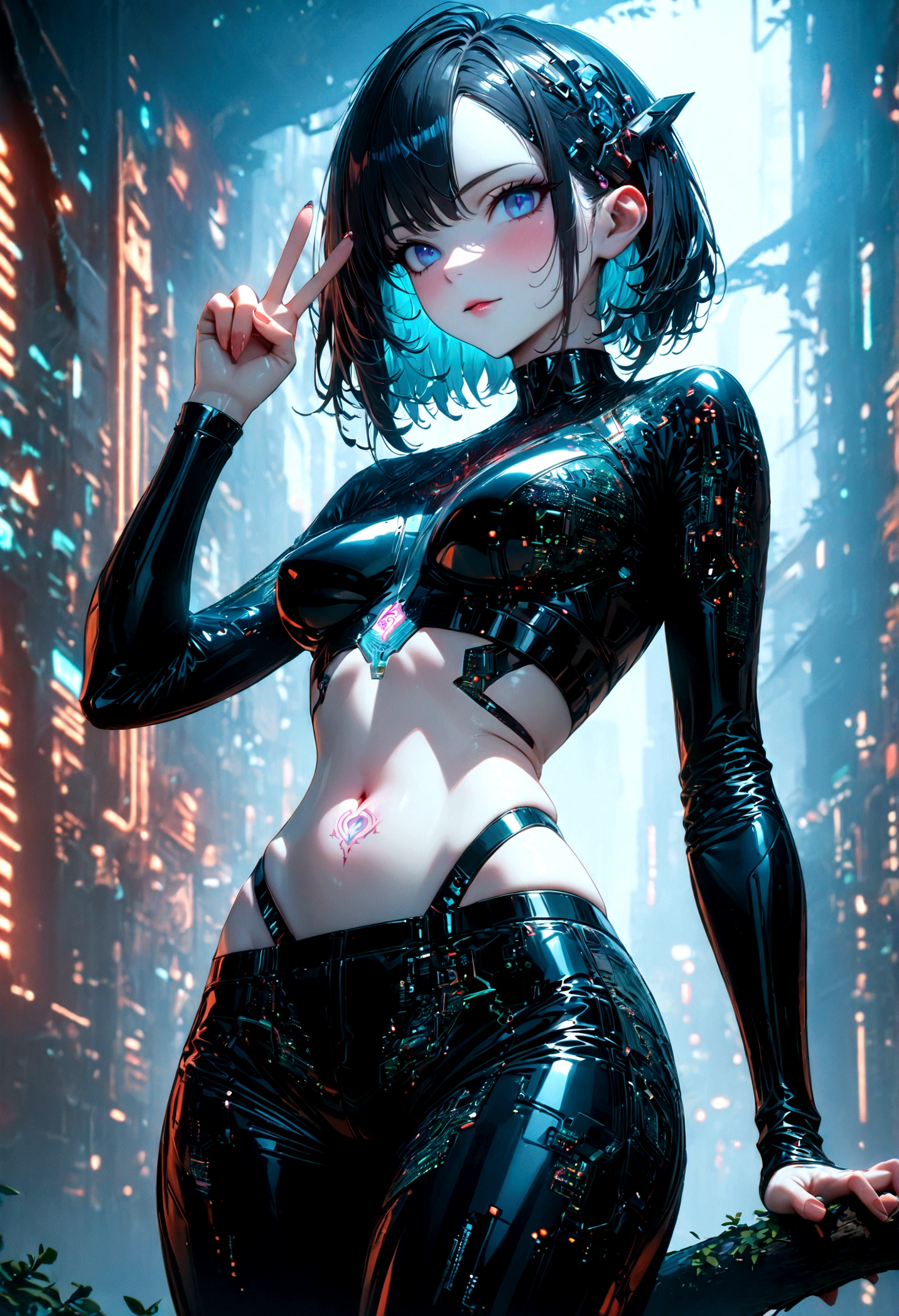 beautiful Cybernetics girl, Futuristic Hair accessories, (Delicate skin), Pale skin, black crop top made of circuit boards, Navel tattoo, sexy Futuristic pants, on branch, v, Japanese words with glitter effect, cyberpunk background,Sensual, is attractive, (masterpiece:1.3), (best quality:1.3), (ultra detailed:1.3), 8k, extremely clear