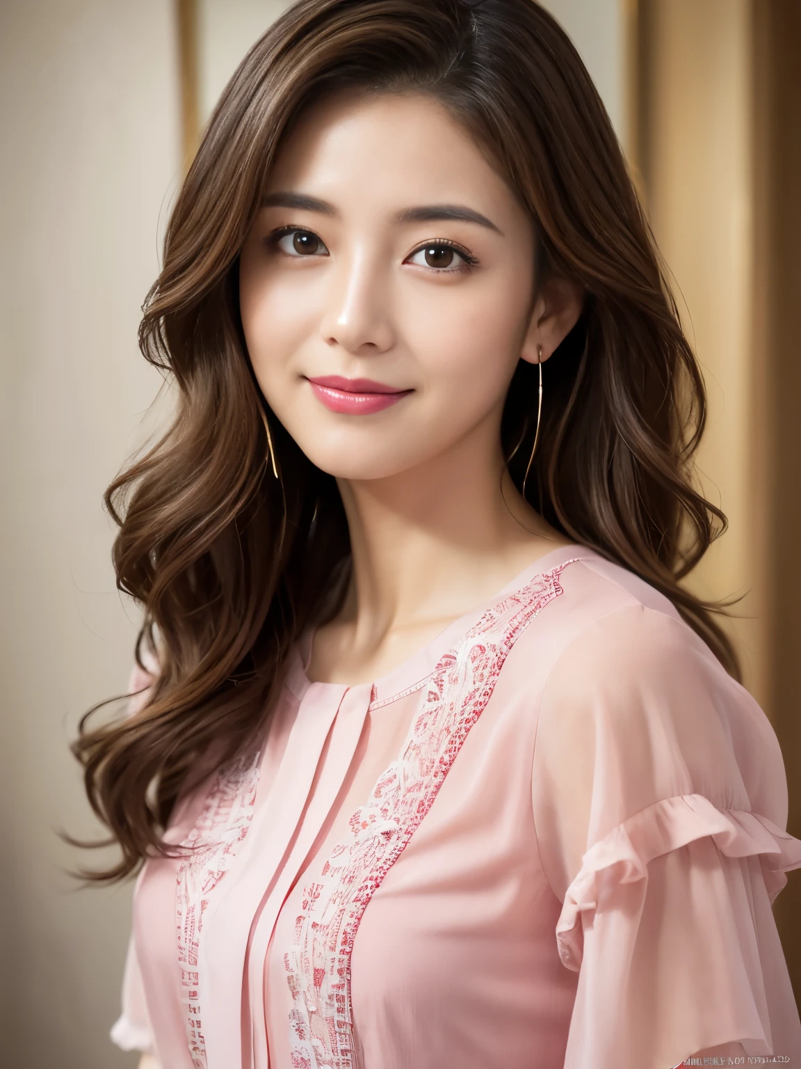(Raw photo), (Photo realistic), (masterpiece), (highest quality), High resolution, 8K resolution, (Intricate details), (Volumetric Light), Portraiture, woman, 30 years, Medium Wavy Hair, Layered Hair, Brown haired, Highly detailed eyes, Source Order, Very fine eyebrows, Highly detailed skin, Highly detailed mouth, Highly detailed nose, Cute like an idol, Smile, ((Pink lipstick)), ((Look at the viewers)), (An elegant and transparent crimson short-sleeved blouse), ((Bodies facing random directions)),