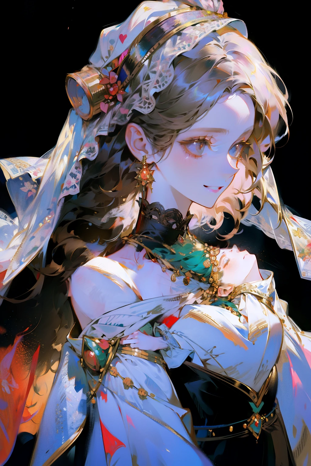 ((best quality)), ((masterpiece)), (detailed), 1girl, off-shoulder sweater, Wedding scene，Bride in a white wedding dress，Smiling slightly，Perfect face