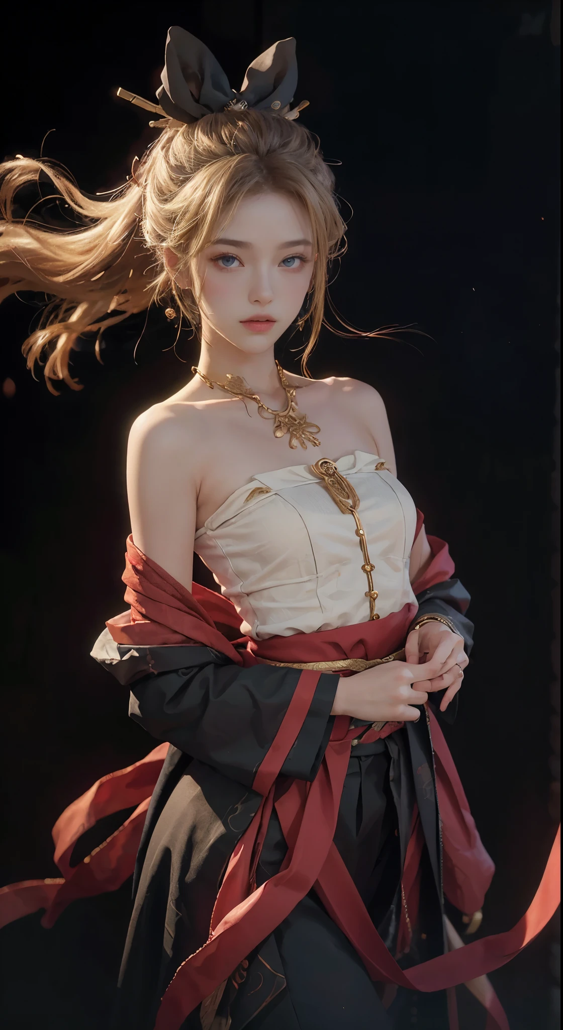 best quarity,Meisterwerk,super high res,(lifelike:1.4),Raw photo,1 Girl,blonde Hair,deep blueeyes,Detailed eyes and face,black business suit,Dynamic Lighting,in dark,Deep Shadow,OFFICIAL ART,Unity 8k wallpaper,hyper detailed,Beauty and aesthetics,ish high quality,beutiful,Meisterwerk,the best quality t,(zentangle,a Mandala,Tangles,Entanglement:0.6),elegance,Japanese shrine costumes,Streamers fly,Meisterwerk,best quarity,still from a movie,Floating in the sky,mingliang,joyful,Warm and soft lighting,Sundown,majestic,(Meisterwerk),Shoulders exposed skin,Small breasts,Small breasts,Flat Bust,sidebrilliance,Beautiful nipples,(Delicate and beautiful eyes:1.2 )
