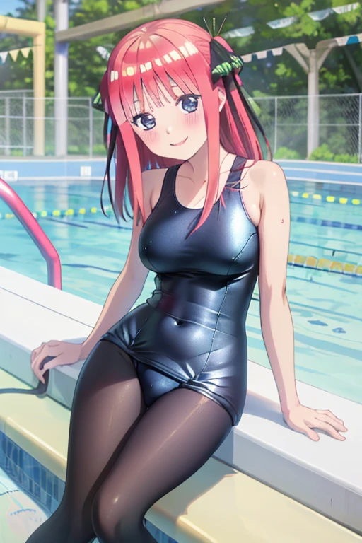 masterpiece, best quality, insanely detailed, beautiful, nino nakano, one-piece swimsuit, breasts, pantyhose, blush, smile, (outdoor swimming pool:1.3), legs spread