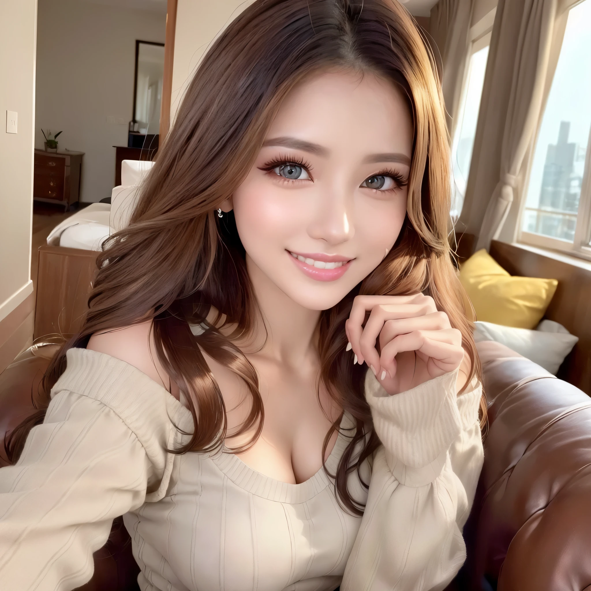 Close-up of a woman sitting on a sofa and smiling, Gorgeous Young Korean Woman, Beautiful Korean Women, Beautiful young Korean woman, Popular Korean makeup, Popular Korean makeup, shoulder-length brown hair, asian girl with long hair, Brown hair and big eyes, Flowing brown hair, Korean Girls, Brown medium hair, 8K Selfie、Emphasize the chest、Sexy Tank Tops、Cleavage、C Cup、slim、slender、