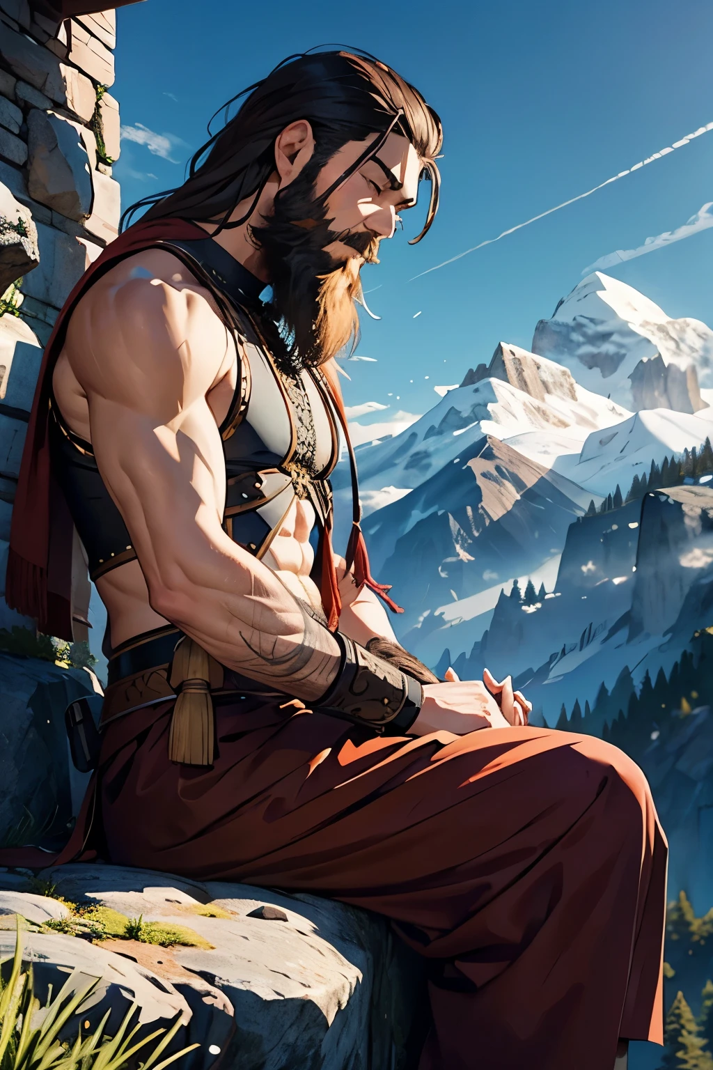 Meditating male warrior, long beard, very short hair,mountains, sitting down