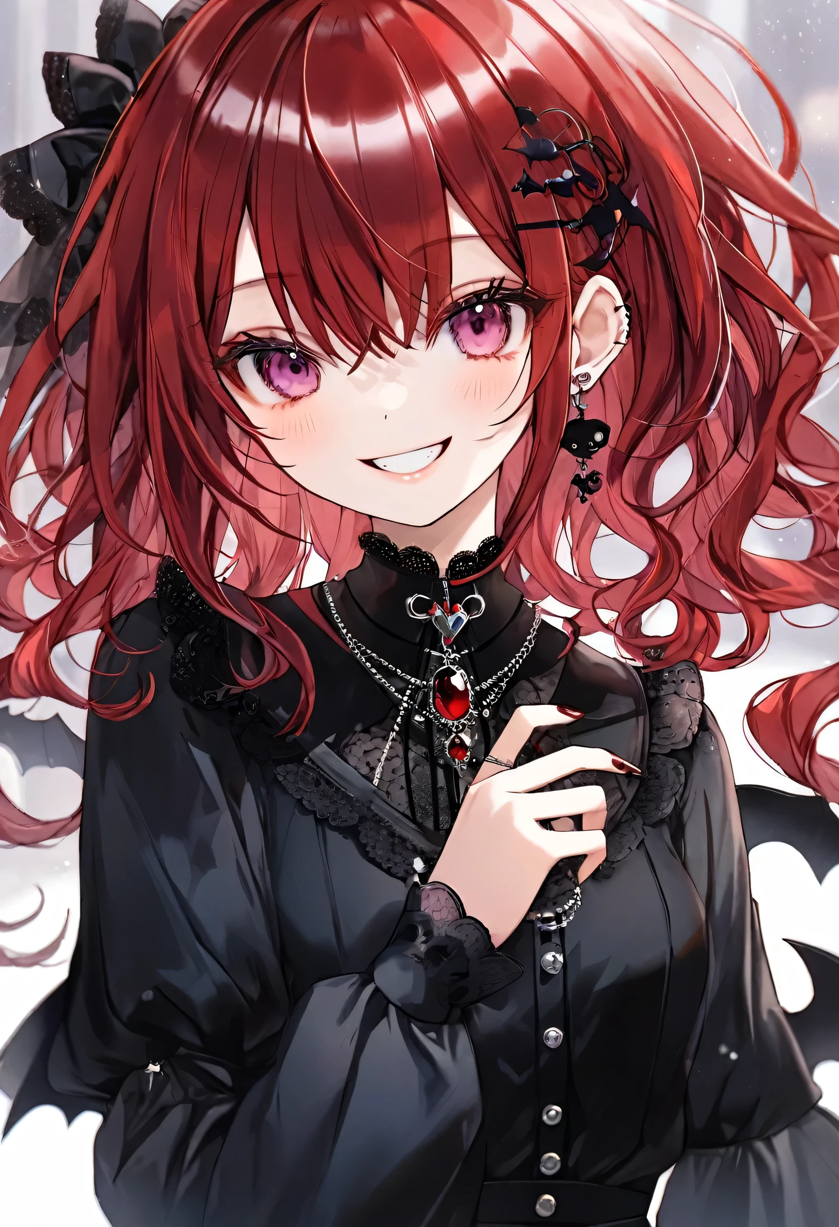 A very cute goth anime girl with redhead hair and bangs, wearing rings on her fingers, pale skin, sharp eyes, dark makeup, she has long acrylic nails that have been bordeaux painted, intricate rings on fingers, wearing a burgundy and black outfit, She exudes sophistication and cool. in the style of hyper realistic. fasion style, mysterious smile