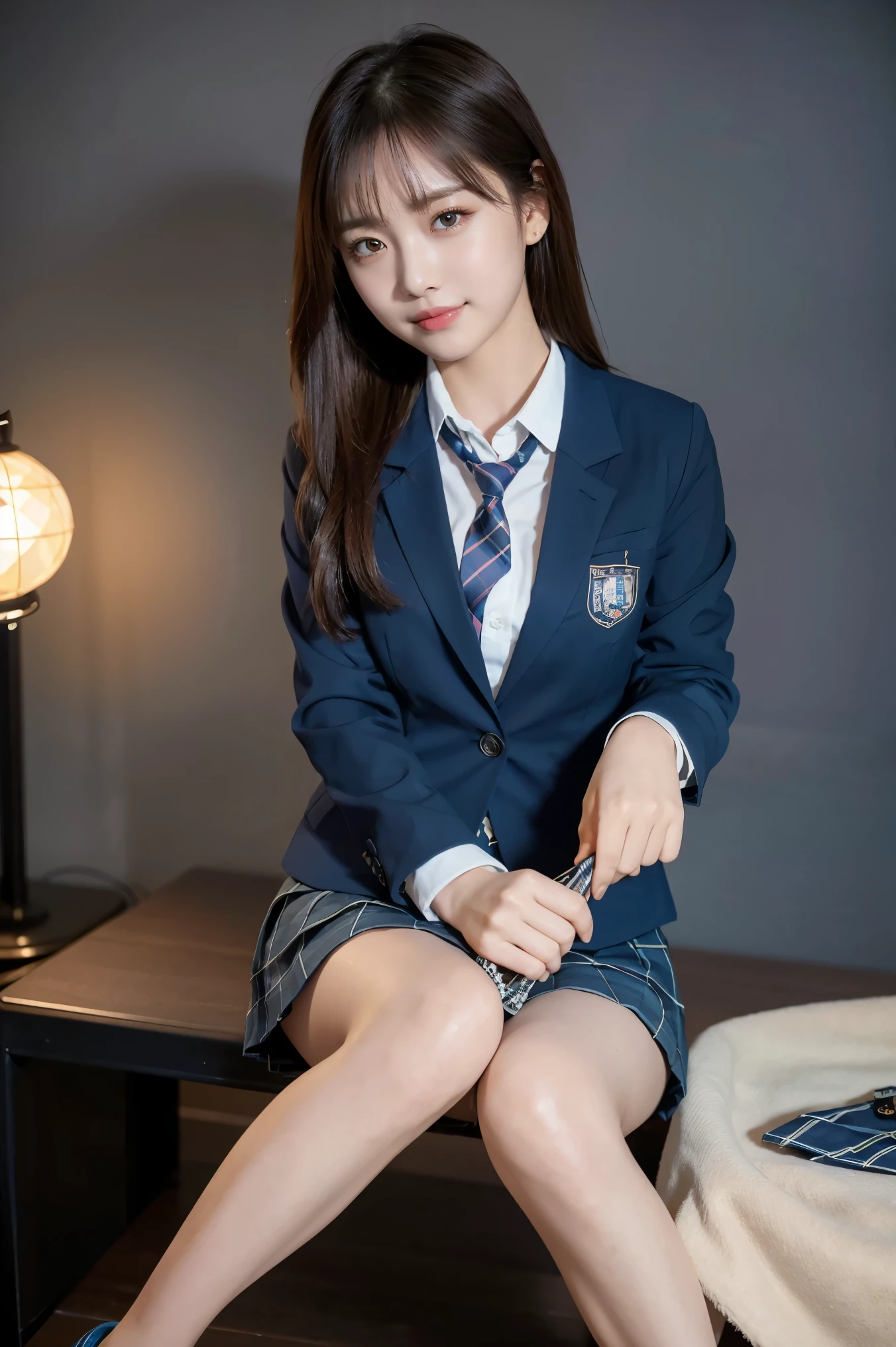 (8k), (highest quality: 1.2), (Realistic), (Realistic: 1.37), Ultra-high resolution, (1 girl), cute, blush,Embarrassed smile, Beautiful details, Beautiful Nose, straight Hair, Giant Dulcefo, pork, Thighs，Self Snap,University Uniforms,(A simple dark blue blazer:1.4),(Pleated skirt:1.2),(The skirt and tie are black tartan check pattern.:1.3),(Sitting:1), Sit on the bench,(Hold my feet:1),(Shiny legs:1.2),from the front,knees