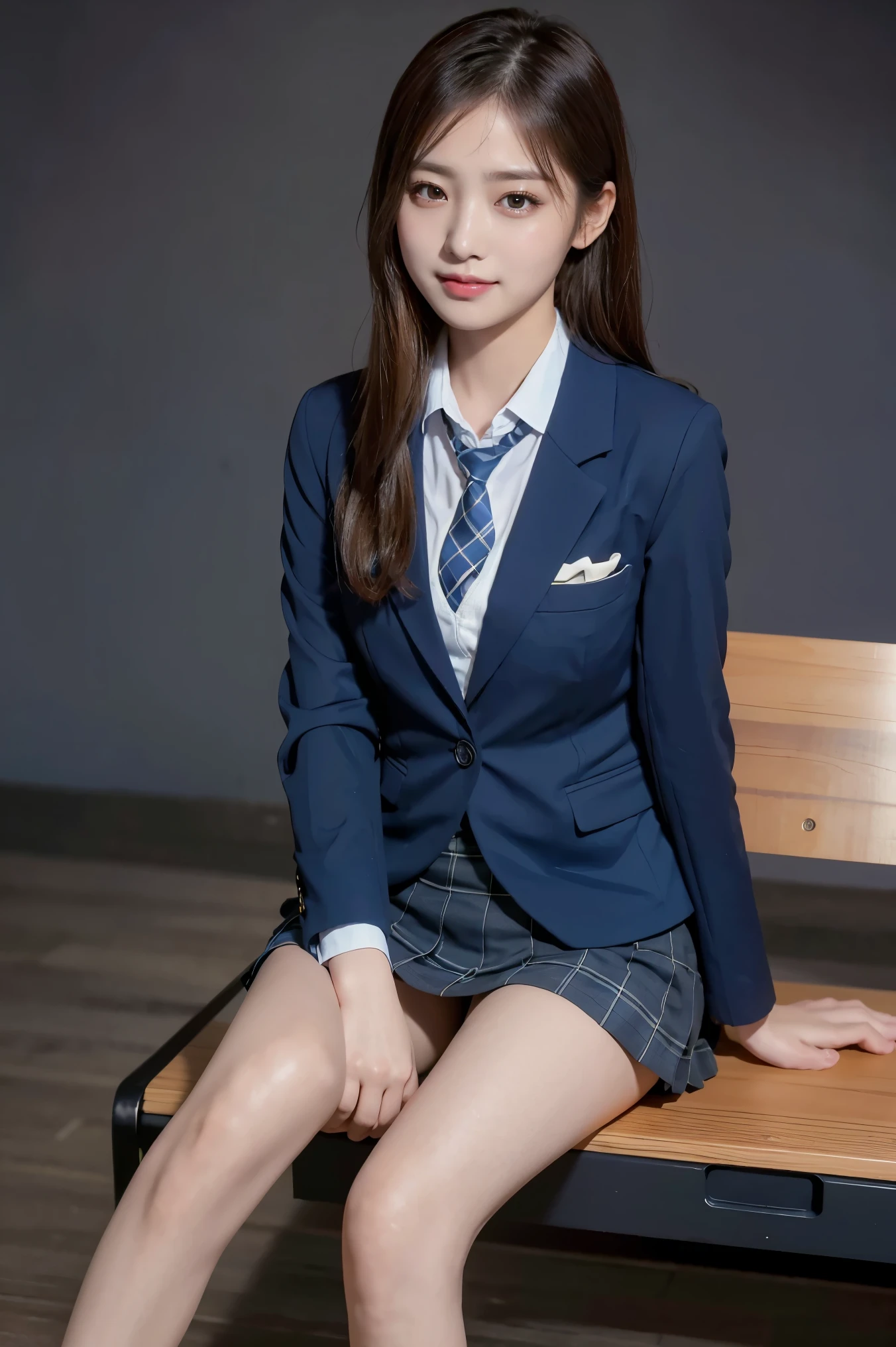 (8k), (highest quality: 1.2), (Realistic), (Realistic: 1.37), Ultra-high resolution, (1 girl), cute, blush,Embarrassed smile, Beautiful details, Beautiful Nose, straight Hair, Giant Dulcefo, pork, Thighs,Self Snap,University Uniforms,(A simple dark blue blazer:1.4),(Pleated skirt:1.2),(The skirt and tie are black tartan check pattern.:1.3),(Sitting:1), Sit on the bench,(Hold my feet:1),(Shiny legs:1.2),from the front,knees