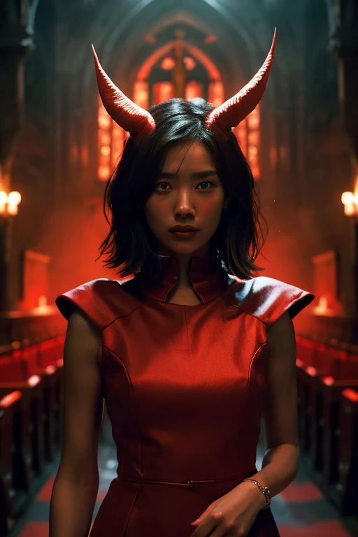 "Lilith in a fiery red light, In the dimly lit church、Surrounded by crackling lightning and swirling mist, Exudes an aura of darkness and mystery."