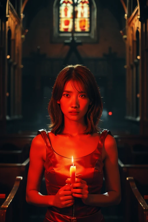 "Lilith in a fiery red light, In the dimly lit church、Surrounded by crackling lightning and swirling mist, Exudes an aura of darkness and mystery."