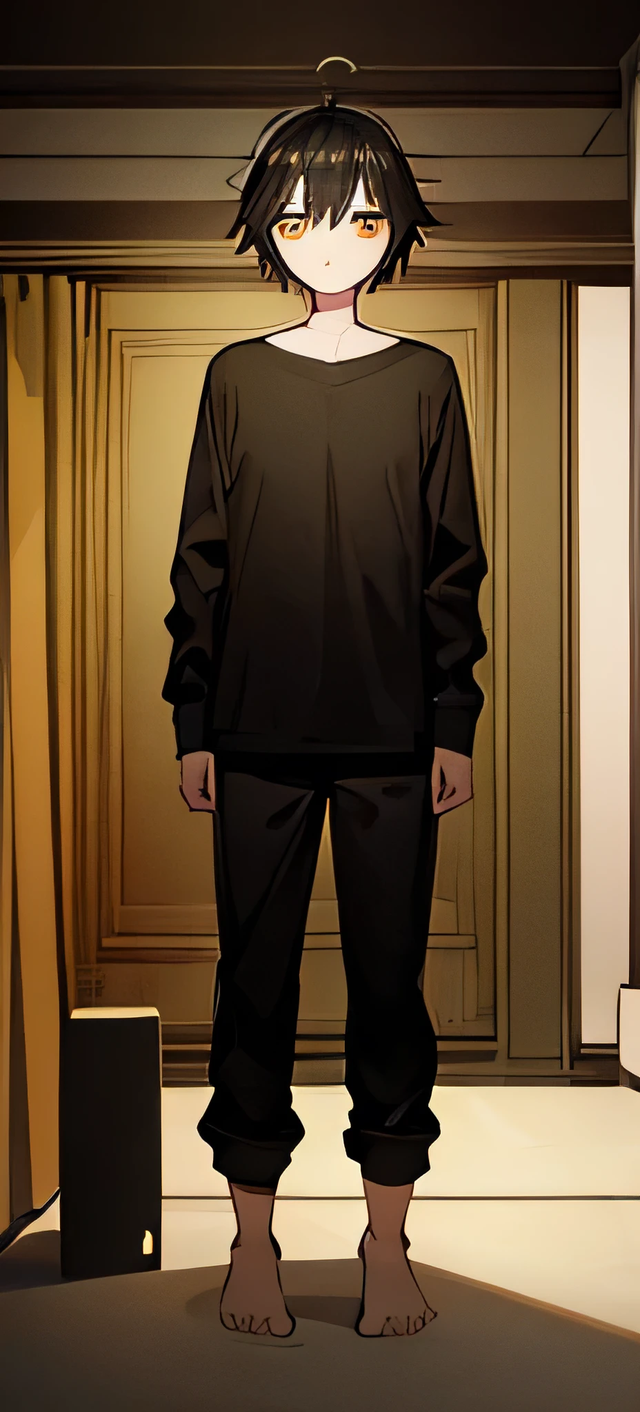 masterpiece, best qaulity, a young boy, black hair, yellow eyes, black pijamas, no background, full body