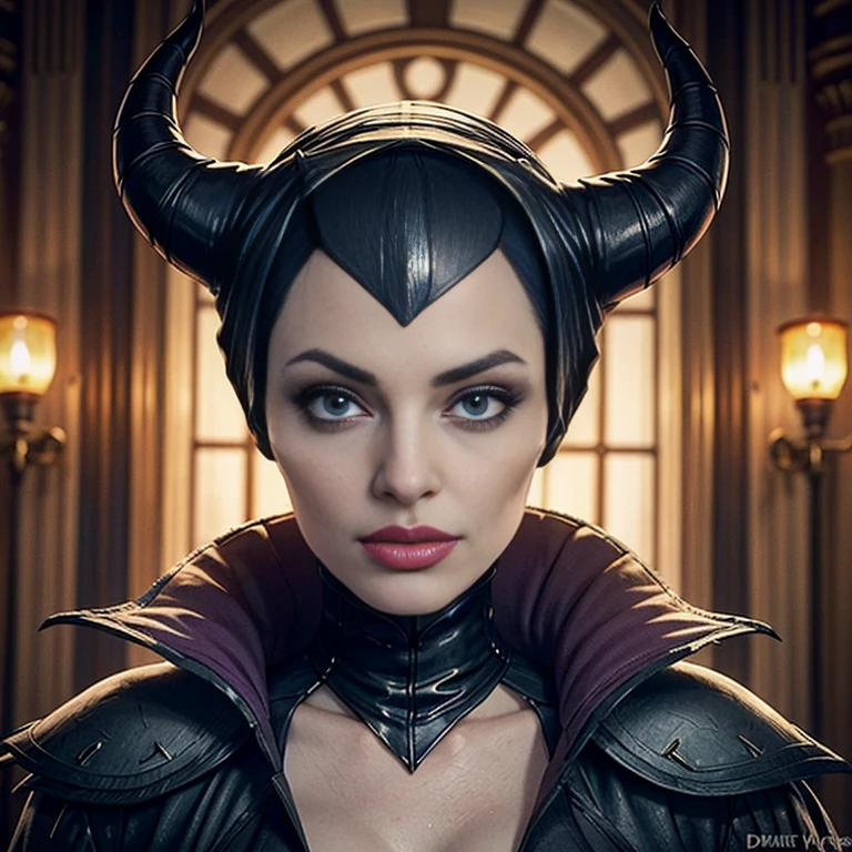 Masterpiece, best quality, detailed face, perfect eyes, Maleficent, pale skin, green eyes, black cowl, demon horns, throne behind her, looking at viewer, Sitting on a dark Throne chair. Behind her. In a dark throne room