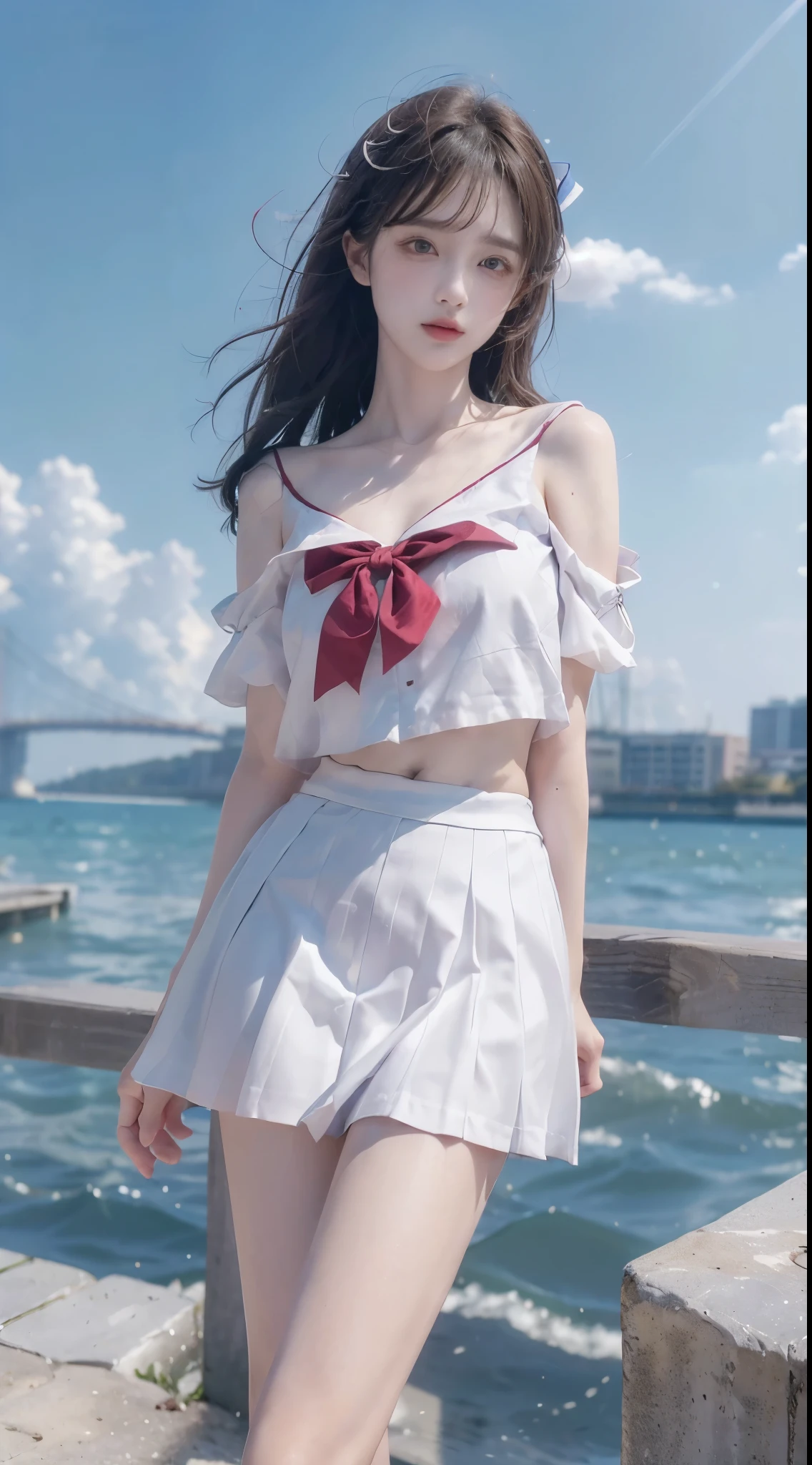 JK_style,short-sleeved JK_shirt,short-sleeved JK_sailor,JK_suit,JK_tie,, ((cowboy shot)), ((Bare shoulder)), ((Short hemlines, sexy long legs)), ((Elegant and charming posture, random view shots)), realistic detailed photo of a giant breasted girl with exposed shoulders, detailed fingers, high quality skin, red eyes, alone in a winter scene with clouds, wind, and flowing hair, (best quality,4k,8k,highres,masterpiece:1.2),ultra-detailed,(realistic,photorealistic,photo-realistic:1.37),studio lighting,vivid colors
