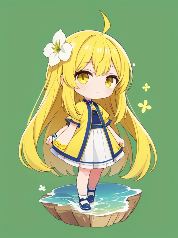 1girl,yellow hair,yellow eye,long hair,straight hair,yellow shirt,white long skirt,chibi,attitude of caution, full body,green background,white flower hair ornament,simple background,sea fairy,yellow shoes