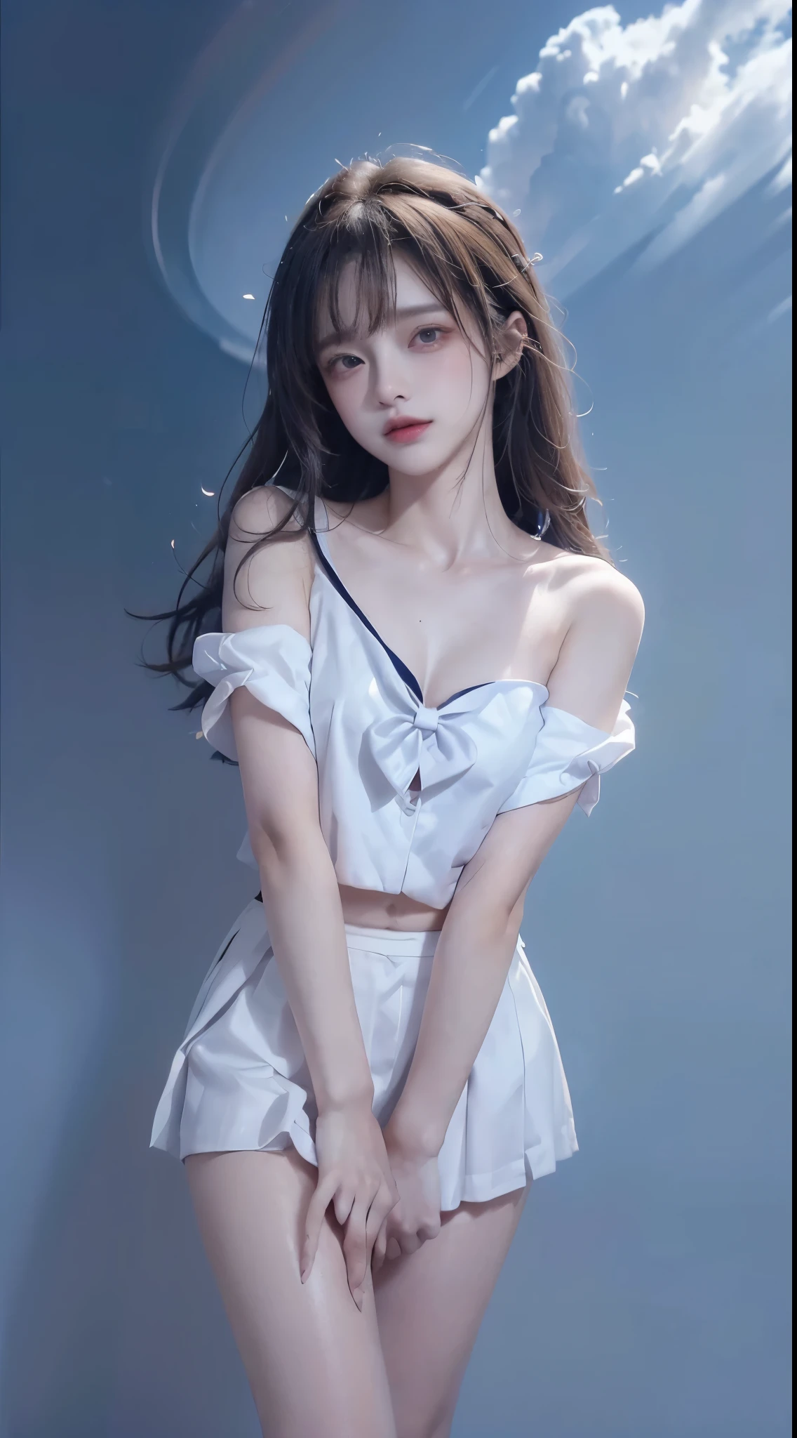 JK_style,short-sleeved JK_shirt,short-sleeved JK_sailor,JK_suit,JK_tie,, ((cowboy shot)), ((Bare shoulder)), ((Short hemlines, sexy long legs)), ((Elegant and charming posture, random view shots)), realistic detailed photo of a giant breasted girl with exposed shoulders, detailed fingers, high quality skin, red eyes, alone in a winter scene with clouds, wind, and flowing hair, (best quality,4k,8k,highres,masterpiece:1.2),ultra-detailed,(realistic,photorealistic,photo-realistic:1.37),studio lighting,vivid colors