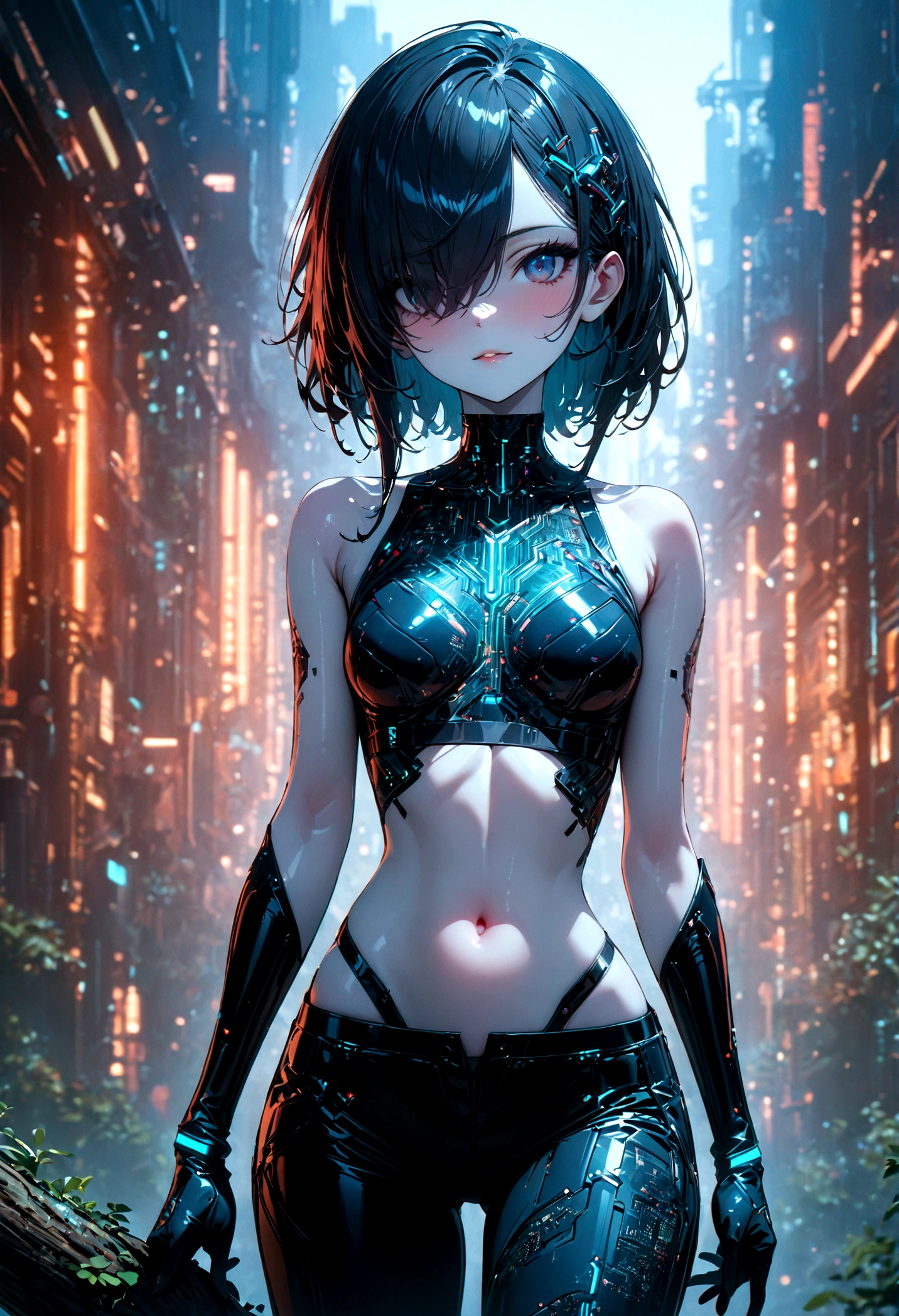 beautiful Cybernetics girl, hair over one eye, Hair accessories, (Delicate skin), Pale skin, black crop top made of circuit boards, Navel tattoo, sexy Futuristic pants, on branch, v, Japanese words with glitter effect, cyberpunk background,Sensual, is attractive, (masterpiece:1.3), (best quality:1.3), (ultra detailed:1.3), 8k, extremely clear