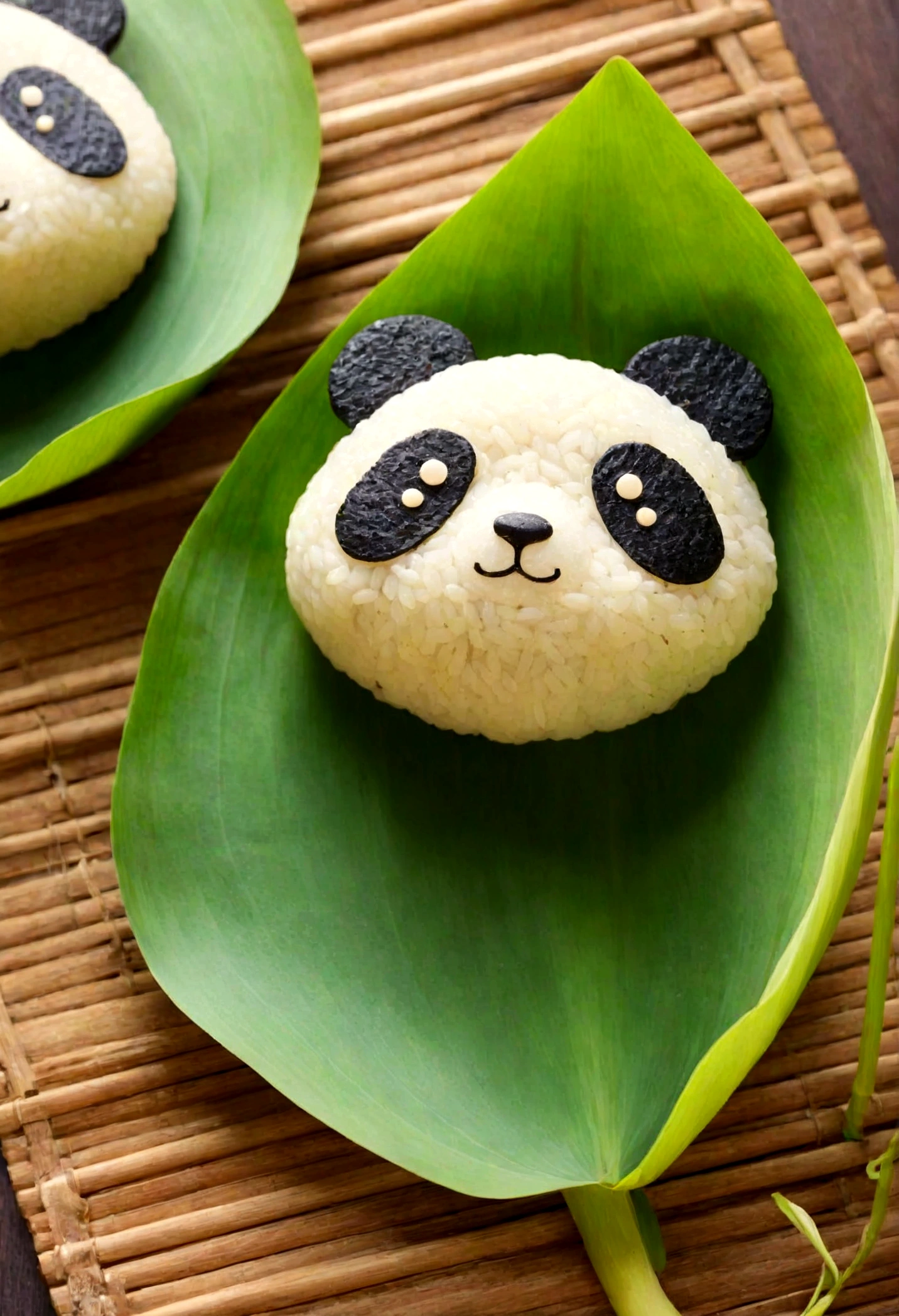 A triangular rice dumpling in the shape of a panda，The whole body is made of glutinous rice grains，Cute expression，The lower body is wrapped in lotus leaves，Head sticking out of the lotus leaf，Equally spaced，Cartoon Style，Macro lens，Studio light，Bold color scheme，Background of leaves outdoors