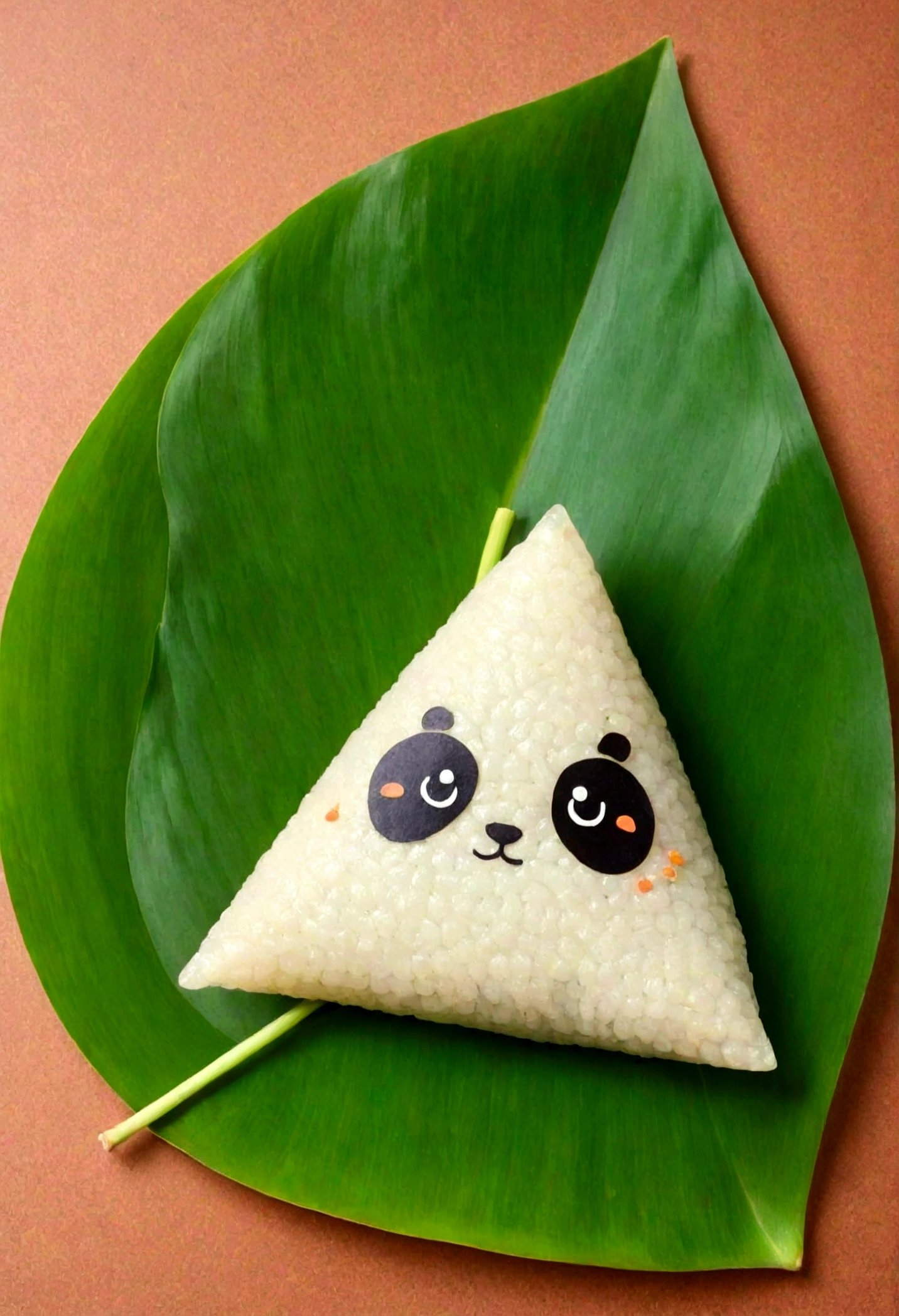 A triangular rice dumpling in the shape of a panda，The whole body is made of glutinous rice grains，Cute expression，The lower body is wrapped in lotus leaves，Head sticking out of the lotus leaf，Equally spaced，Cartoon Style，Macro lens，Studio light，Bold color scheme，Background of leaves outdoors