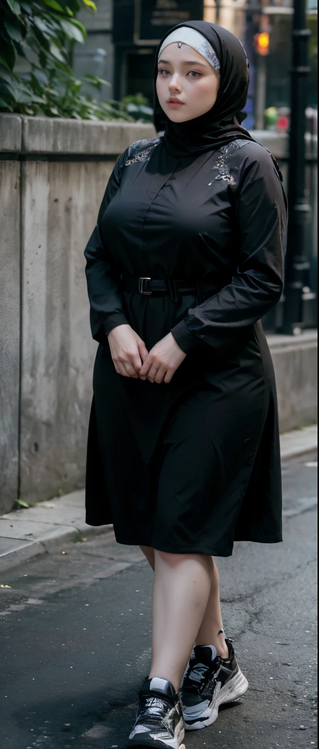 Milky white skin woman in black dress and hijab walking down the street, , hijab outfit, , hijab fashion model, plus size, plus size woman, , woman in black robes, beautiful woman, thicc, black outfit,, bbwchan , white sneakers , Height 170 cm, beautiful woman, with a beautiful appearance, a very beautiful masterpiece, a masterpiece of art, good lighting, Bright colors, Clean lines