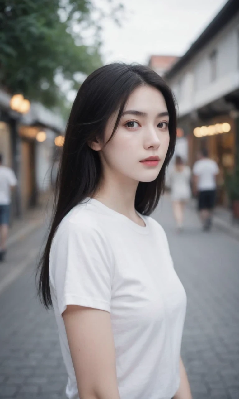 Full body photo, (Realistic photos: 1.4), (hyper realisitc: 1.4), (realist: 1.3), (Smoother lighting: 1.05), (Improve movie lighting quality: 0.9), 32K,1 20-year-old girl, Luzes Realistas, The light from the rear window is backlit, There is light on the face, Ray traching, (flash lights: 1.2), (enchanced quality: 1.4), (The best quality real textured skin: 1.4), 詳細な目, A detailed face, hight quality eyes, (Tired, sleepy but content: 0.0), closeup of face, tee shirt, (Increased Body Line Mood:1.1), (Increase the beauty of skin texture:1.1)，ChineseGirl，are small，looking at the camera in