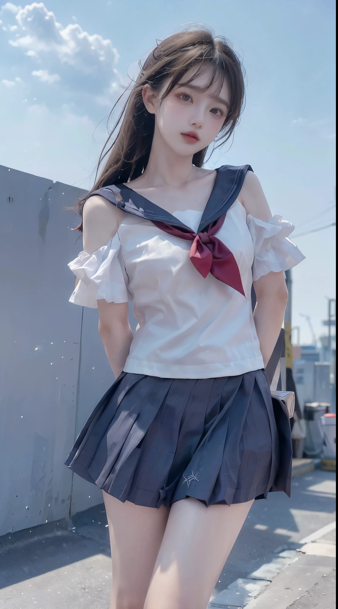JK_style,short-sleeved JK_shirt,short-sleeved JK_sailor,JK_suit,JK_tie,, ((cowboy shot)), ((Bare shoulder)), ((Short hemlines, sexy long legs)), ((Elegant and charming posture, random view shots)), realistic detailed photo of a giant breasted girl with exposed shoulders, detailed fingers, high quality skin, red eyes, alone in a winter scene with clouds, wind, and flowing hair, (best quality,4k,8k,highres,masterpiece:1.2),ultra-detailed,(realistic,photorealistic,photo-realistic:1.37),studio lighting,vivid colors