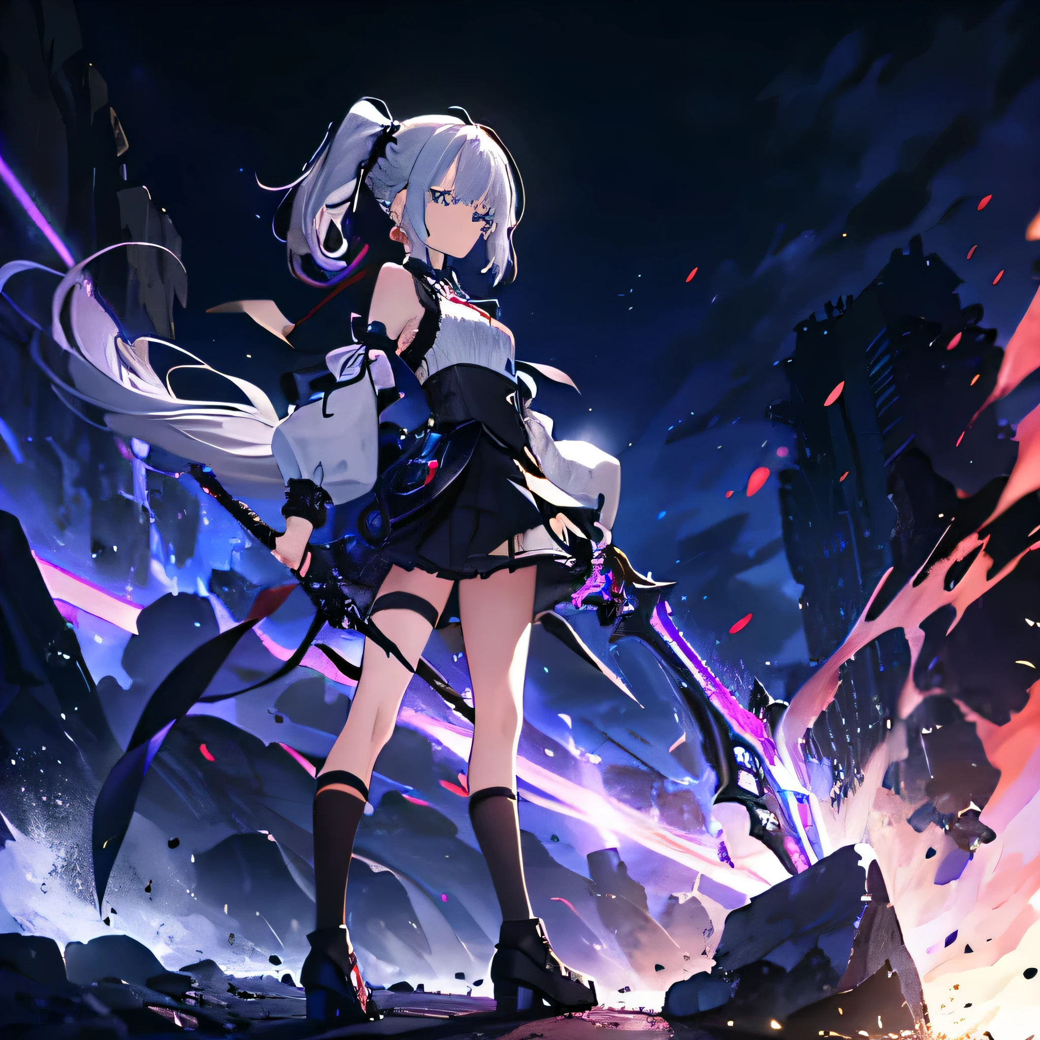 1 girl, solitary, Short Girl, Lolita, Highly detailed silver hair with purple tips, crystal hair, Double ponytail at the back, Beautiful deep blue eyes, Cross-shaped pupil, Red mist in eyes, Glowing eyes, Small Breasts, Complex black、blue and gray crops_Thread on top, Wearing armored arm, Thread, mini skirt, Wearing a black crown, Black socks, Bow-like weapons, fantasy style brown shoes, Concentrated expression, Aiming with weapons, side view, woods in background