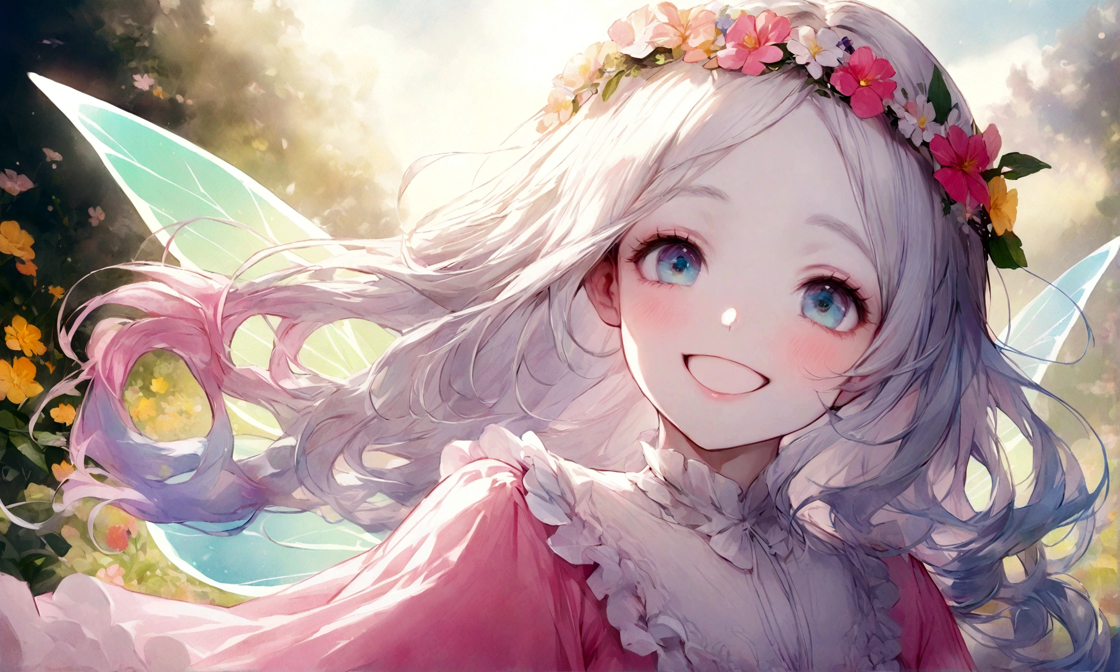 Top quality masterpiece, Highest quality and official artistic standards, Featuring beautiful and visually stunning fairy girls:1.3. This piece is very ingenious, rich in color, Exquisitely crafted down to the last detail, Vibrant, Vibrant, A unique visual experience. Optical blending technology brings playful patterns,Add depth to your artwork。, Enhances overall texture and color richness,Close-up portrait, Beautiful fairy, Cute Smile, alone,One Fairy, Surrounded by flowers,Smiling Fairy,Droopy eyes,Transparent winged fairy,Fairy Wings,Fairy Wings,Elegance, Flower Hair Ornaments,Flower wreath,Pink color matching,Young妖精,Energetic Fairy,Smiling Fairy,にっこりとSmiling Fairy,Half Shot,Western-style blouse,Bob Hair,Beauty,1 Fairy,Delicate and high resolution,Precise,明るい青null,Bright Forest,Flare,慈like,mercy,like,happiness,Divine,Fluffy clothes,Lustrous skin,Clear skin,White skin,Thin eyebrows,Albino-like light hair color,rainbow,Silky Hair,Shiny and delicate hair,A realistic fairy,Young,young,pastel colour,null,Top view,Wide-open eyes,Cheerful girl,Long sleeve blouse,ta,Kind Face,White blouse,Drooping eyes,Bright pink clothes,Wavy hair blowing in the wind,ショートBob Hair,pastel colourの髪,A background full of dreams and hopes,noon,Light of the sun,rainbow,rainbow色の髪,Flower Fairy,Flower Garden,Flower Field,Round eyes,I'm excited,Magical Fairy,White haze