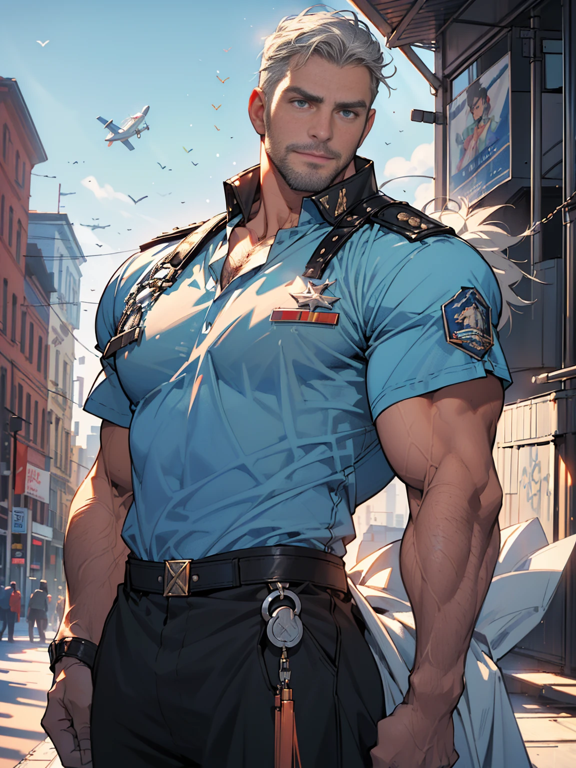 Aircraft captain! The captain's uniform! Movie poster! captain's uniform! captain's uniform! Background Airplane Airport ! Skinny and tall！（Chest hair：1.5） ！ High detail 8K)! ((Realistically)), ! 186 cm! 70 kilograms! Popular clips! ( High-detail 8k ((realistically)), big hairy ! Dark skin, best quality, bright lighting, focus, theater! 35 years old, hairy breasts, thick hair Adam Dario Kier screenshot, Reddit, photo realism, gray hainely sculpted eyes！ gray hair！ gray hair！!(Chest hair：1.5） outdoor!! Blue sky!,more detail , less detail