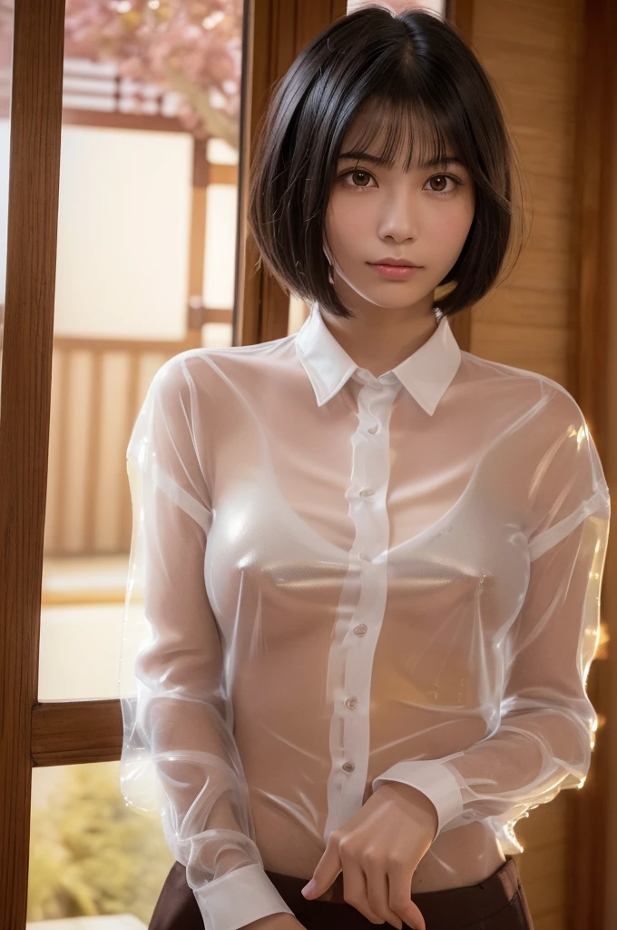 (High resolution:1.3), (16k, Photorealistic, Raw photo, Best image quality: 1.4), Japanese, (One Girl), Beautiful Face, (A vivid face), (Black-haired、short hair:1.3、bangs:1.2), Beautiful Hairstyles, Realistic eyes, Beautifully detailed eyes, (Realistic Skin), Beautiful skins, attractive, 超A high resolution, Surreal, High detail, Golden Ratio, Highly detailed cute girl,(20-year-old), (See-through shirt:1.7), Postures that accentuate the shape of your breasts, Having a good time at a Japanese hot spring inn, Wearing a yukata