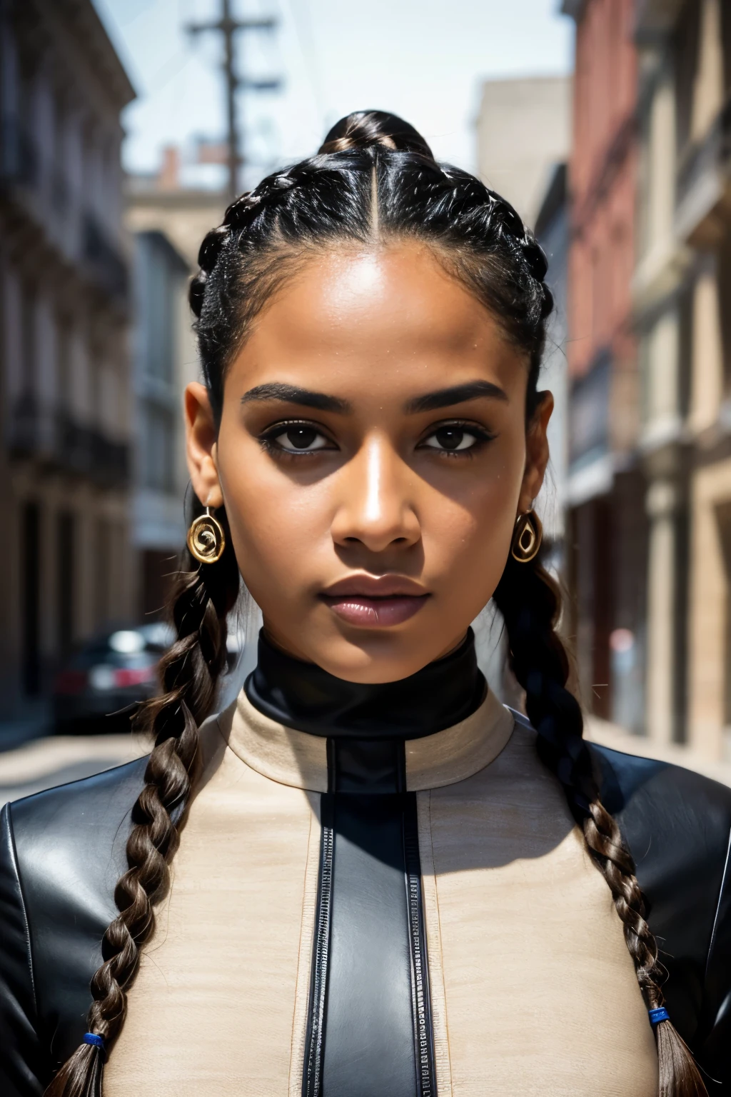 hyper realistic high texture 8K fashion front portrait of an latina supermodel with long dark hair in sleek braids, wearing looking straight at the camera, neutral expression, neutral background, skin texture details, high resolution, ultra-realistic photography --ar 63:128 --stylize 750